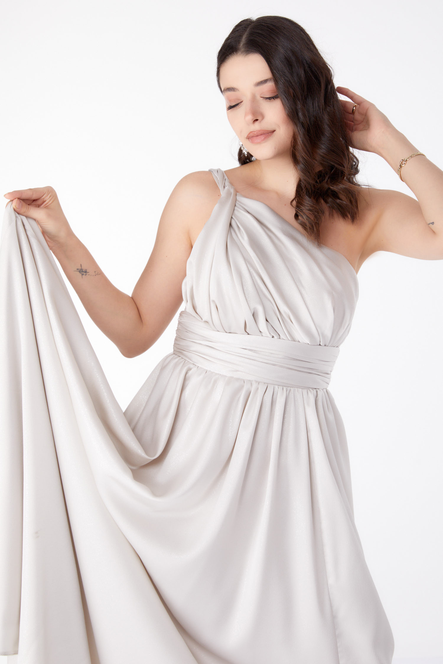 Simli Kolsuz Abiye Elbise Beyaz - 25460 - 4