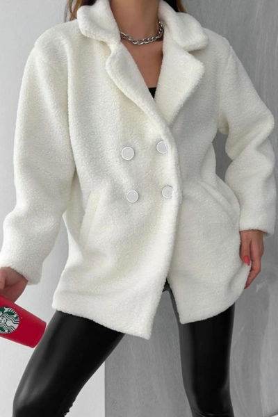 Simli Peluş Ceket Beyaz - 26605 
