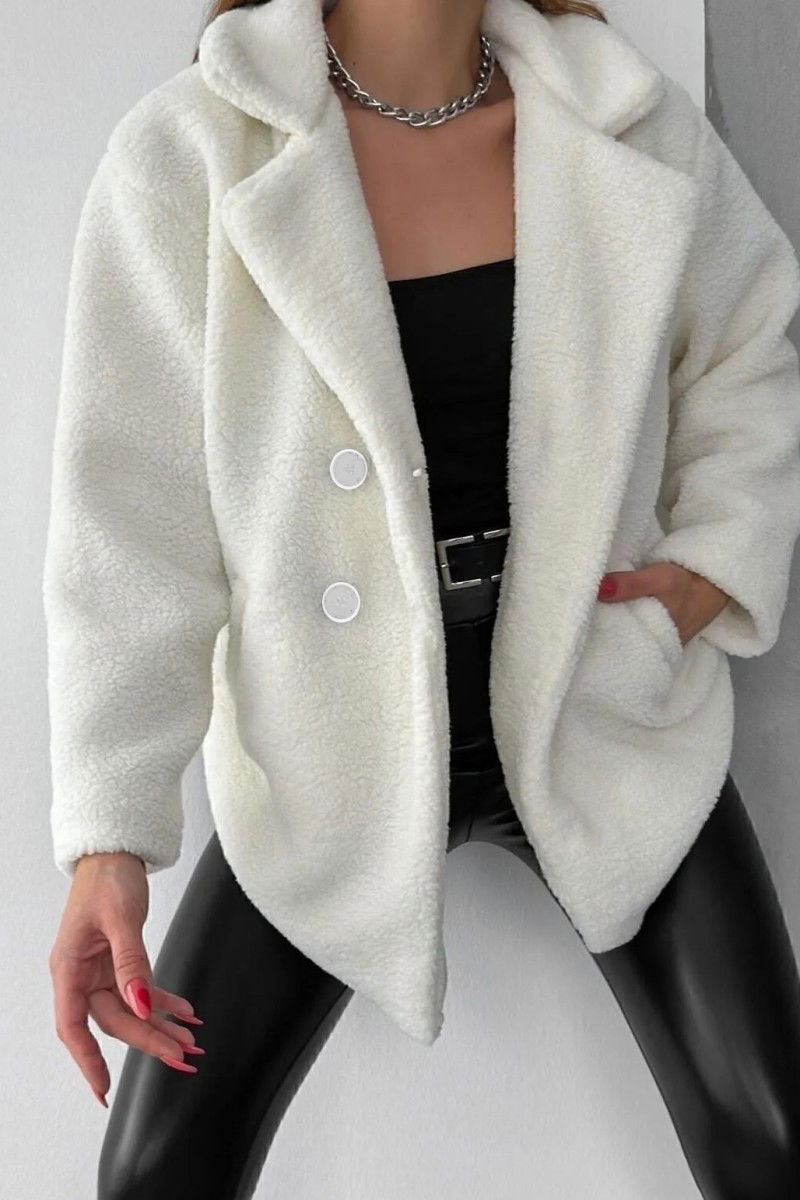 Simli Peluş Ceket Beyaz - 26605 - 2
