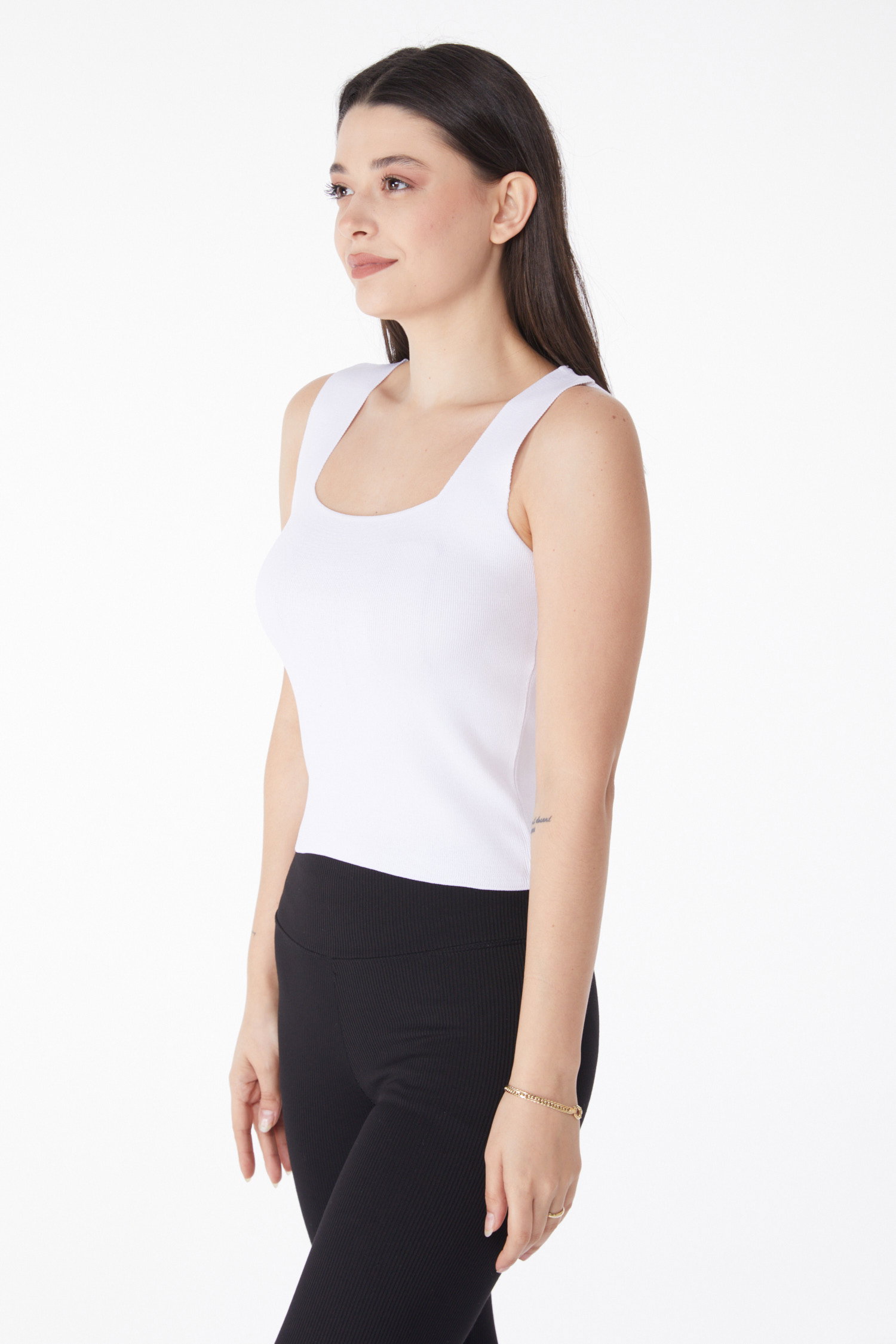 Düz Orta Kadın Beyaz Yazlık Triko Crop - 25220 - 4