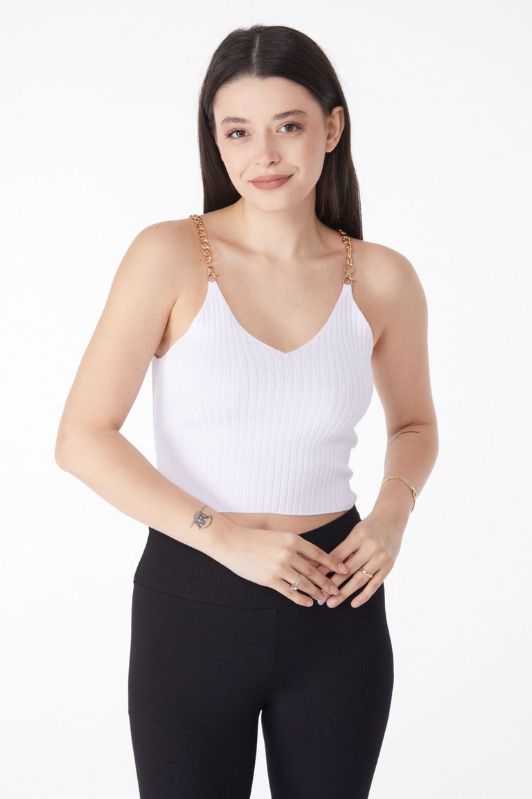 Zincirli Triko Crop Beyaz - 25221 - TOFİSA