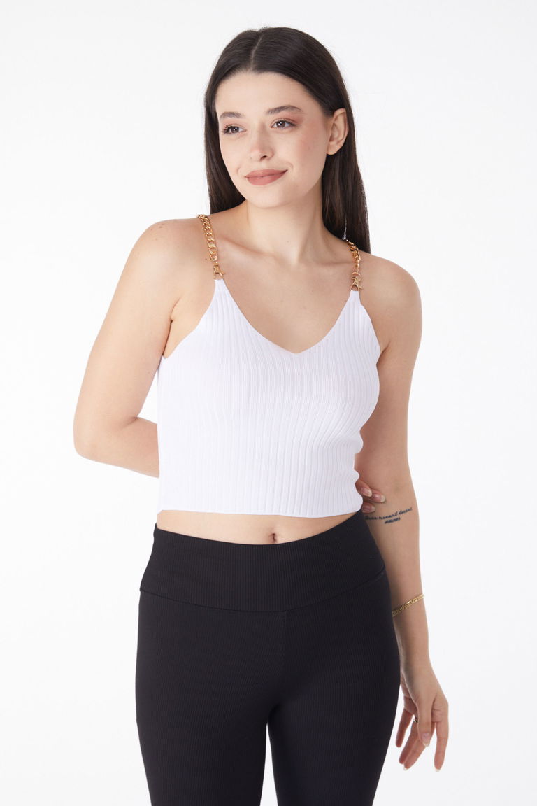 Zincirli Triko Crop Beyaz - 25221 - TOFİSA