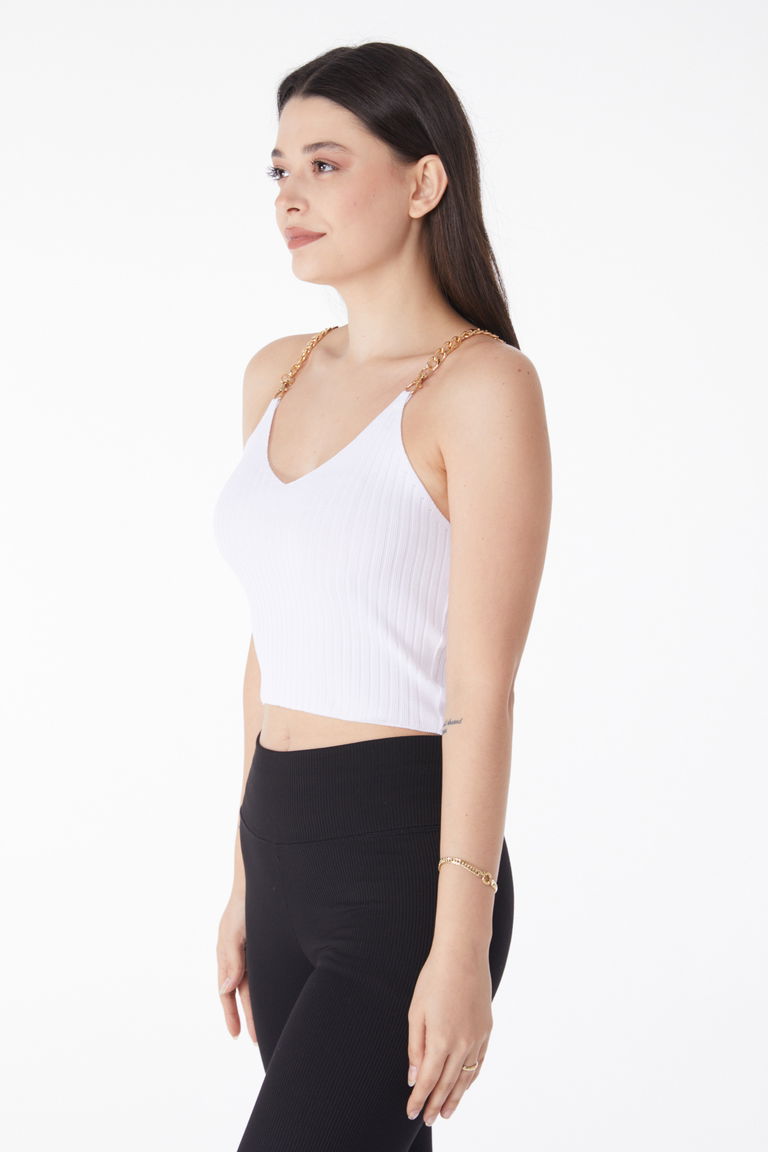 Zincirli Triko Crop Beyaz - 25221 - TOFİSA