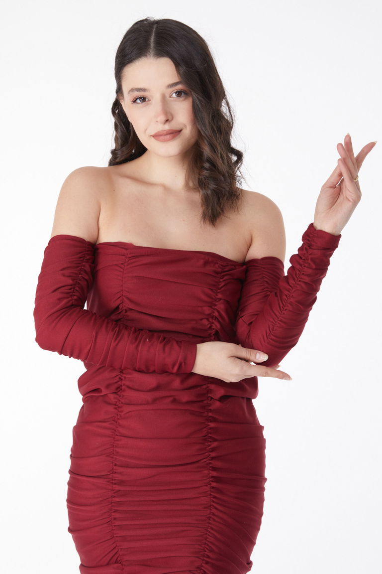 Büzgülü Elbise Bordo - 13175 - TOFİSA