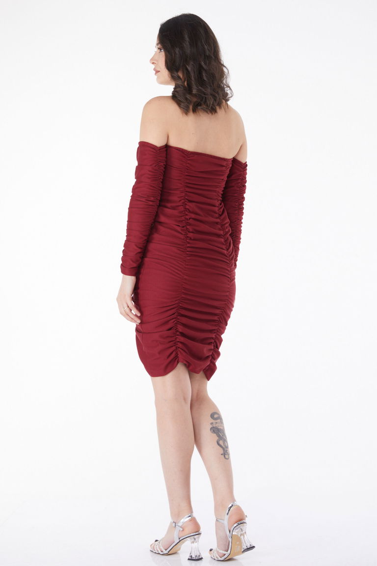 Büzgülü Elbise Bordo - 13175 - TOFİSA