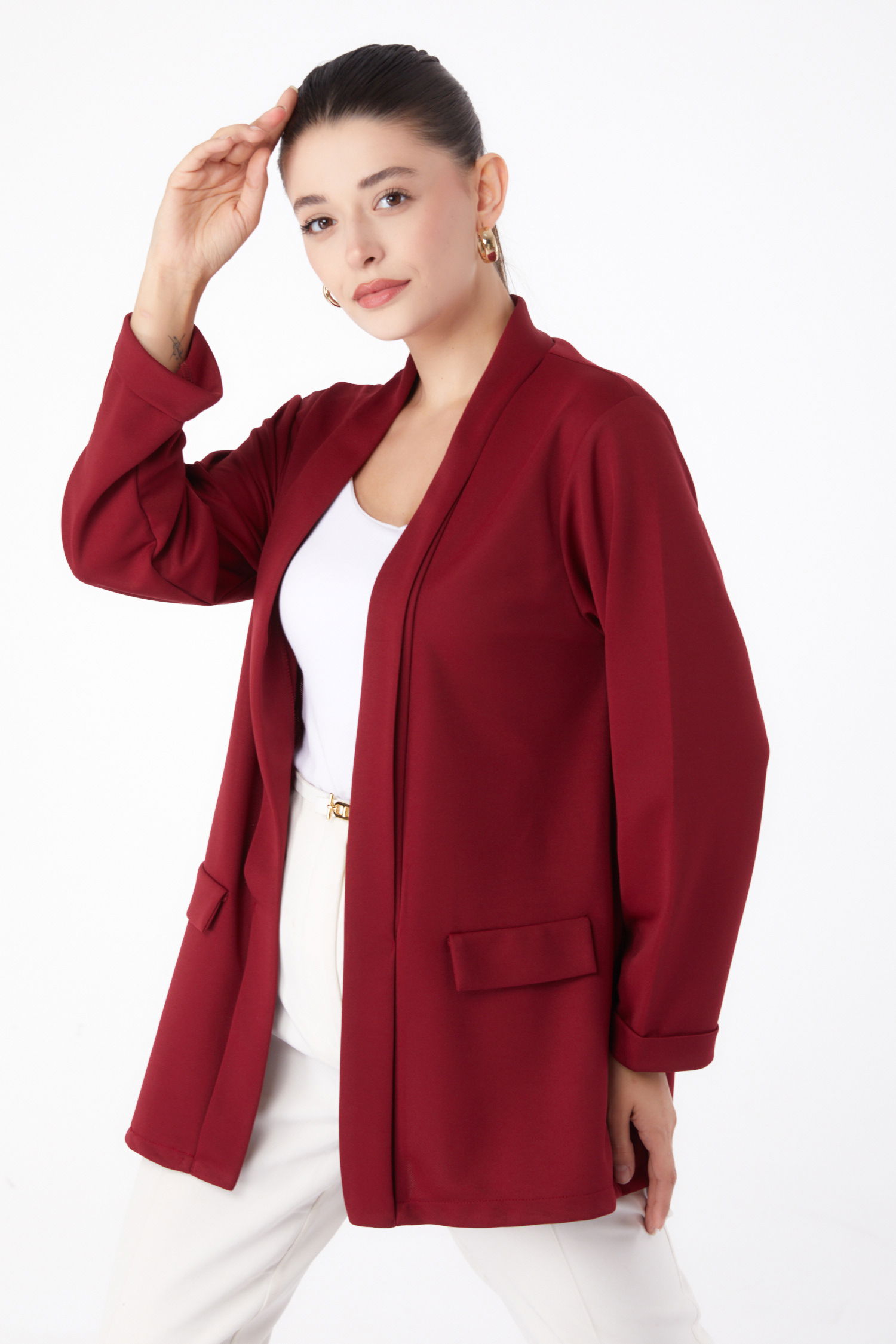 Düz Orta Kadın Bordo Cep Detaylı Ceket - 13261 - 1