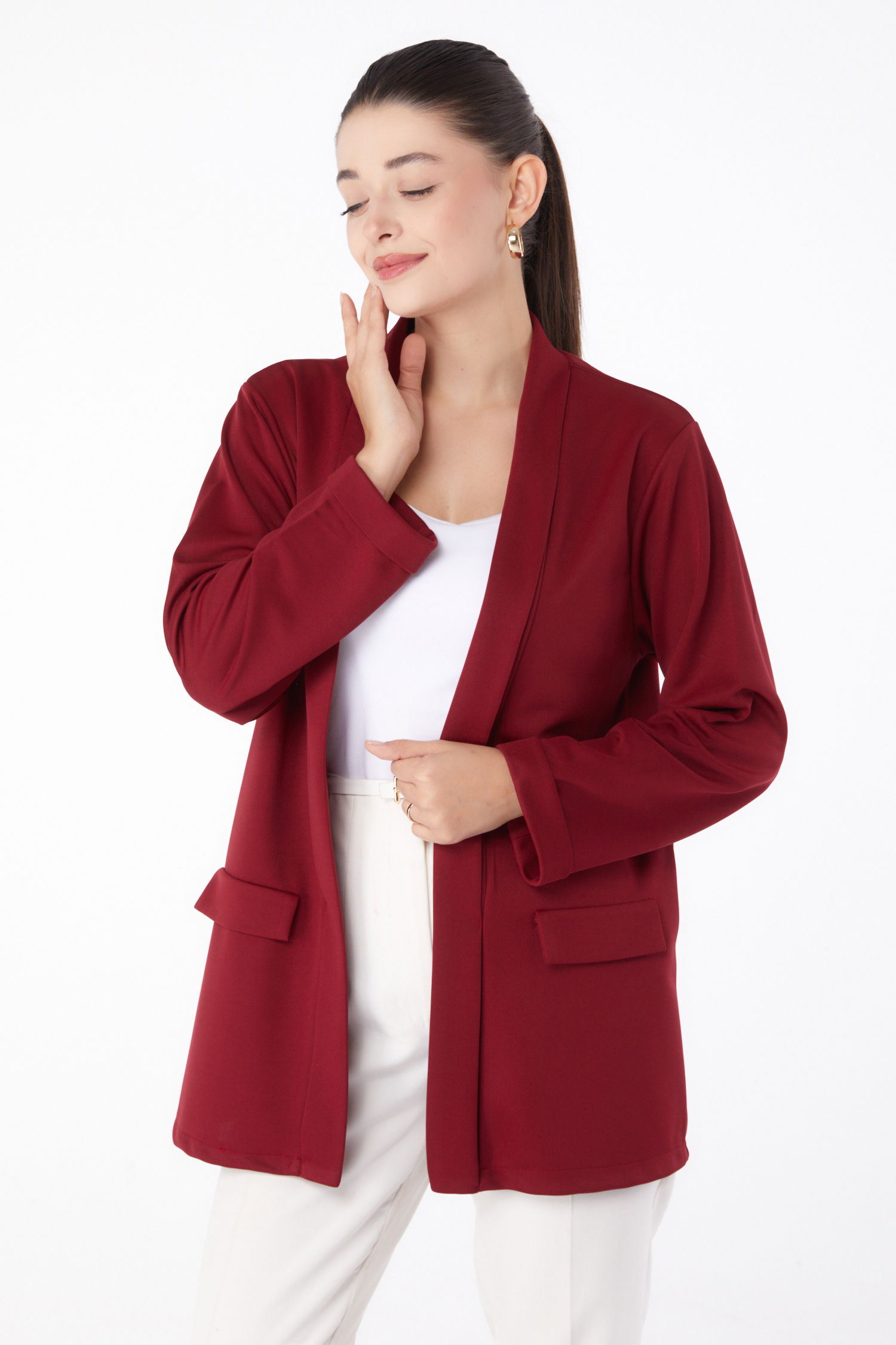 Düz Orta Kadın Bordo Cep Detaylı Ceket - 13261 - 2