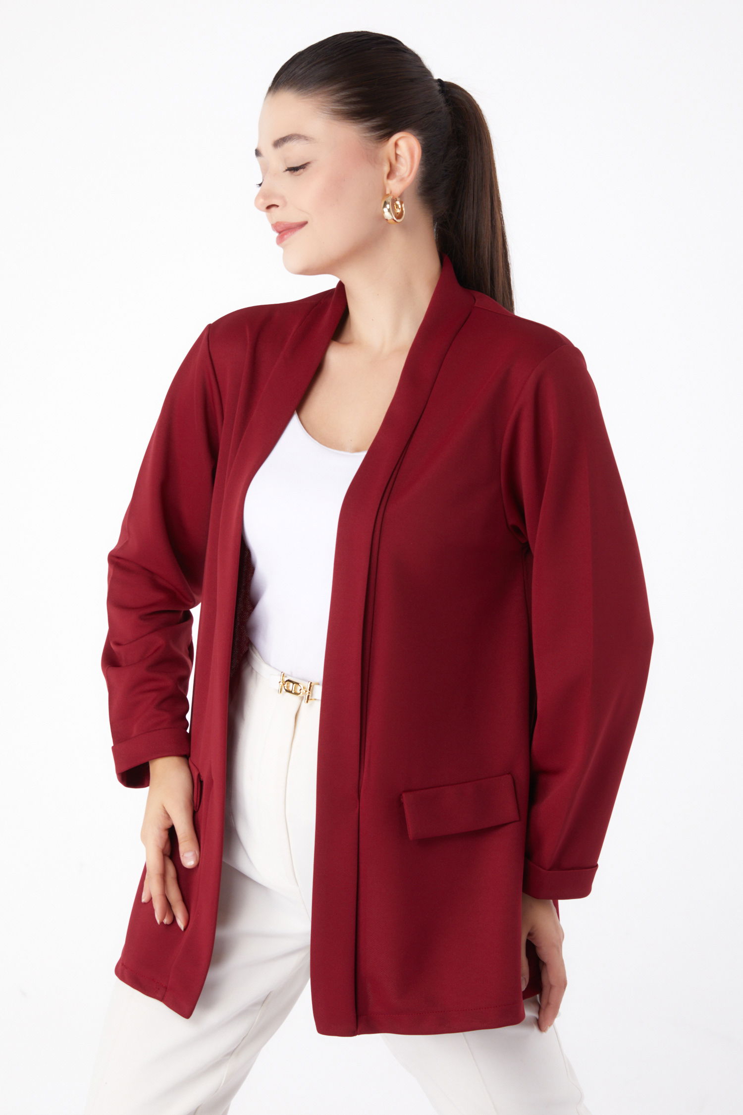 Düz Orta Kadın Bordo Cep Detaylı Ceket - 13261 - 3