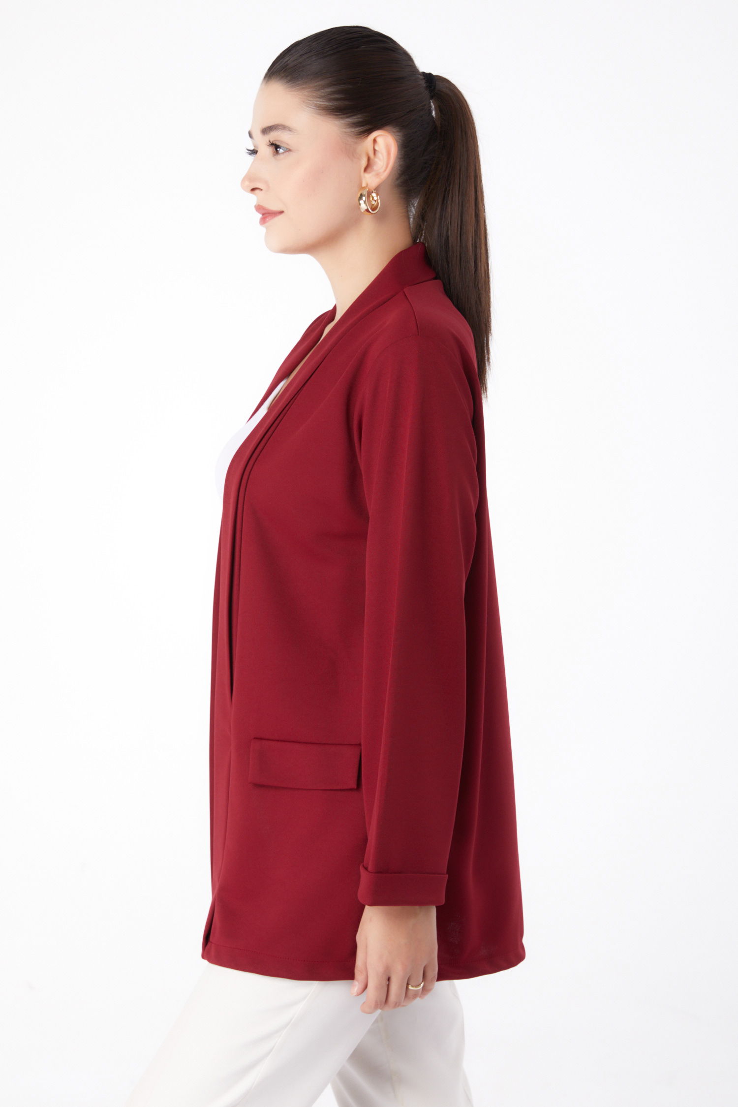 Düz Orta Kadın Bordo Cep Detaylı Ceket - 13261 - 4
