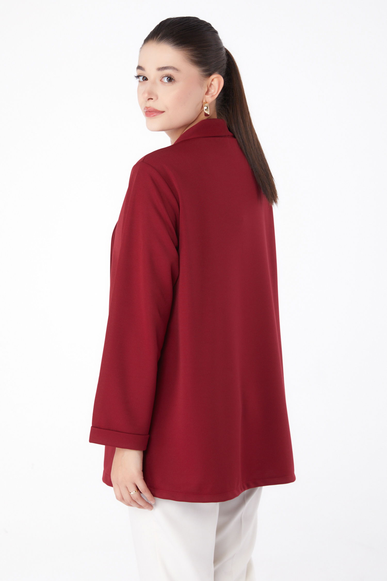 Düz Orta Kadın Bordo Cep Detaylı Ceket - 13261 - 5