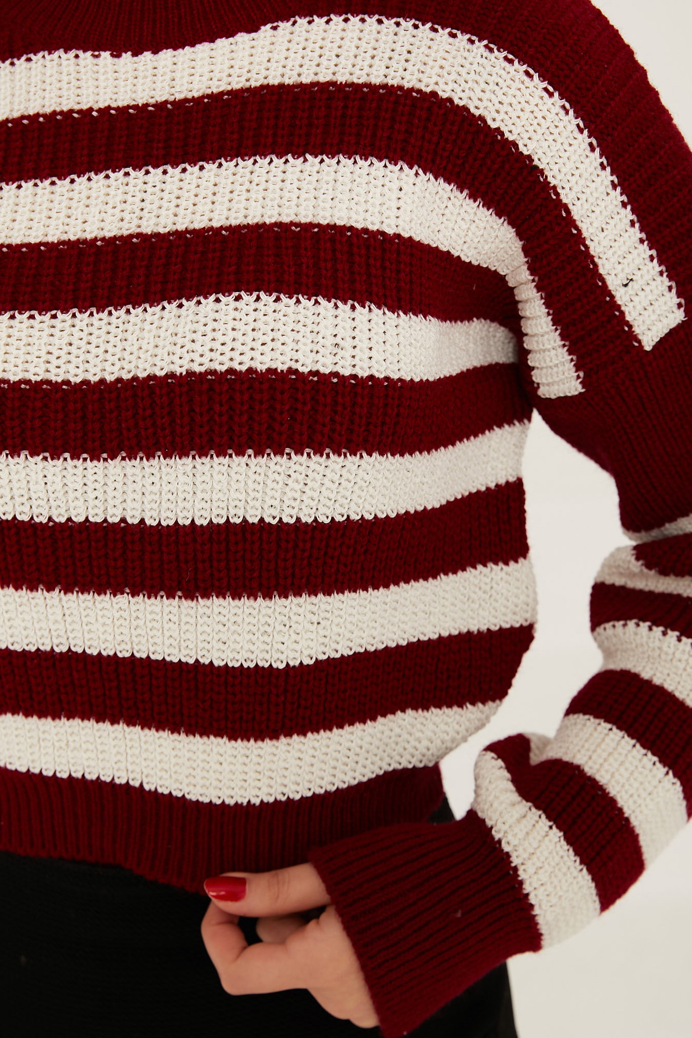 Düz Orta Kadın Bordo Crop Çizgili Kazak - 26656 - 5
