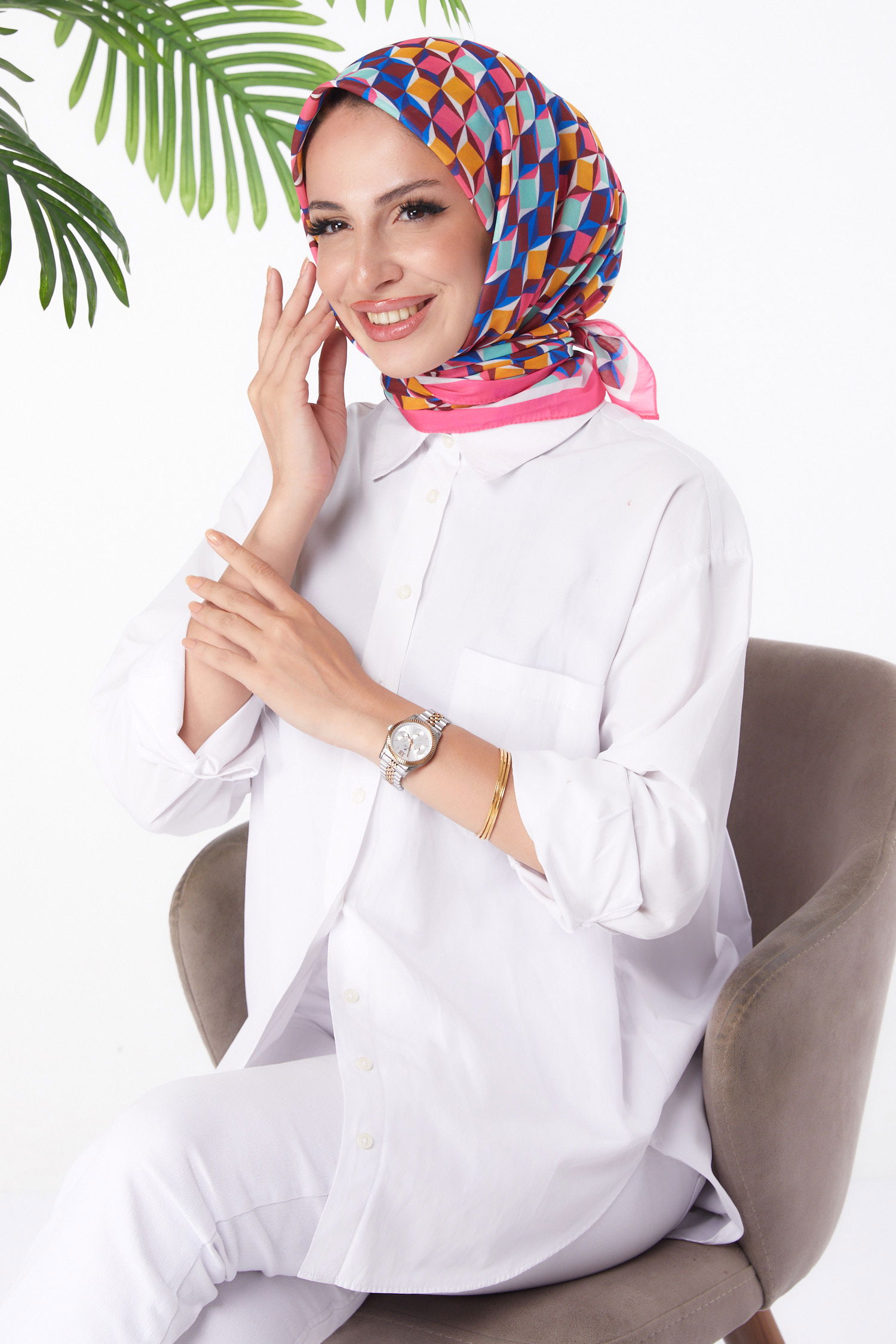 Düz Orta Kadın Bordo Desenli Eşarp - 26157 - 1