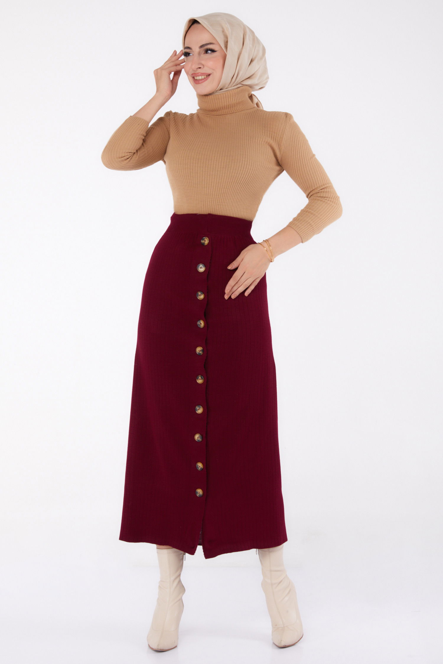 Düz Orta Kadın Bordo Düğmeli Triko Etek - 24722 - 1