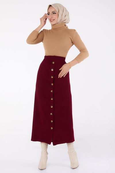 Düz Orta Kadın Bordo Düğmeli Triko Etek - 24722 