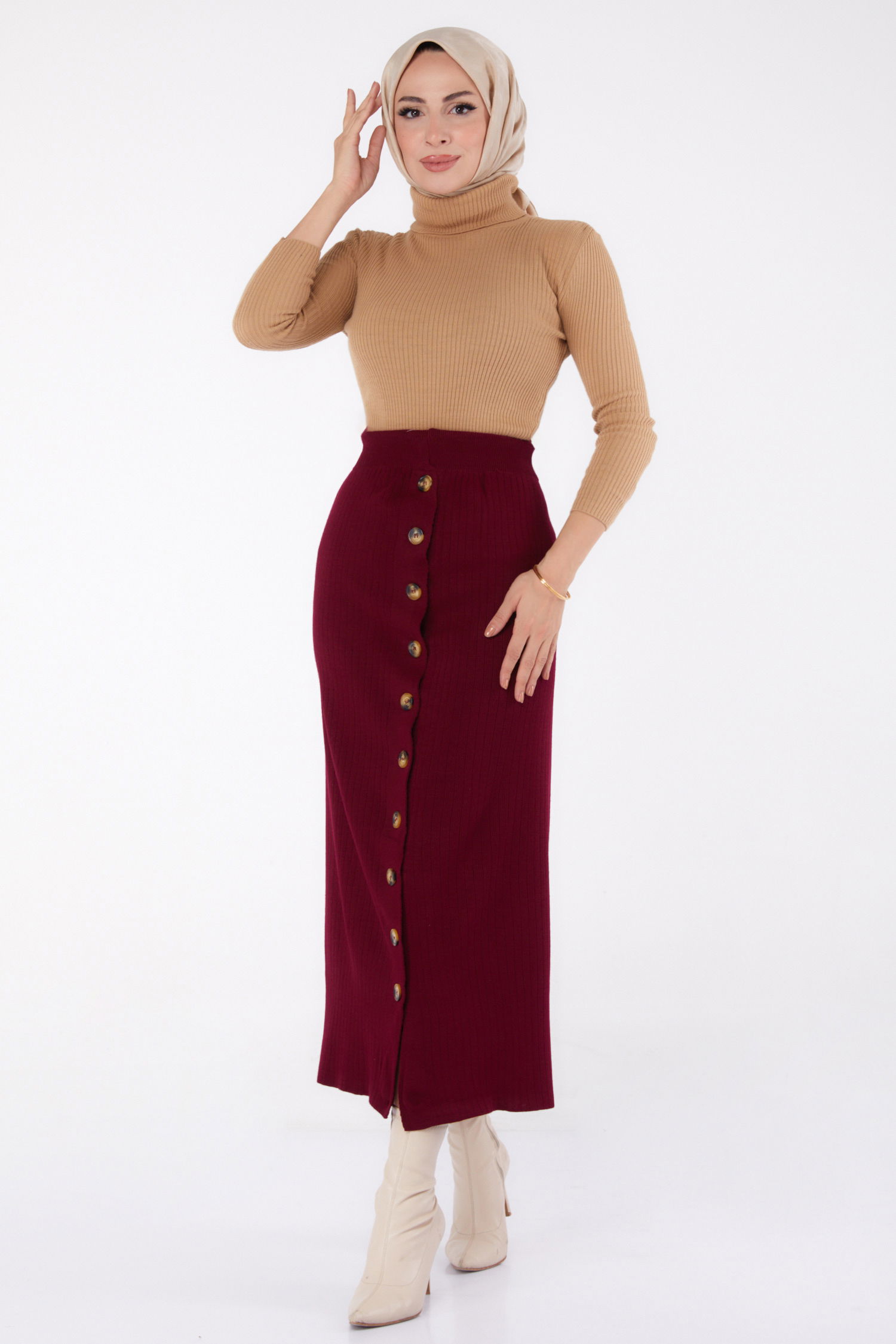 Düz Orta Kadın Bordo Düğmeli Triko Etek - 24722 - 2