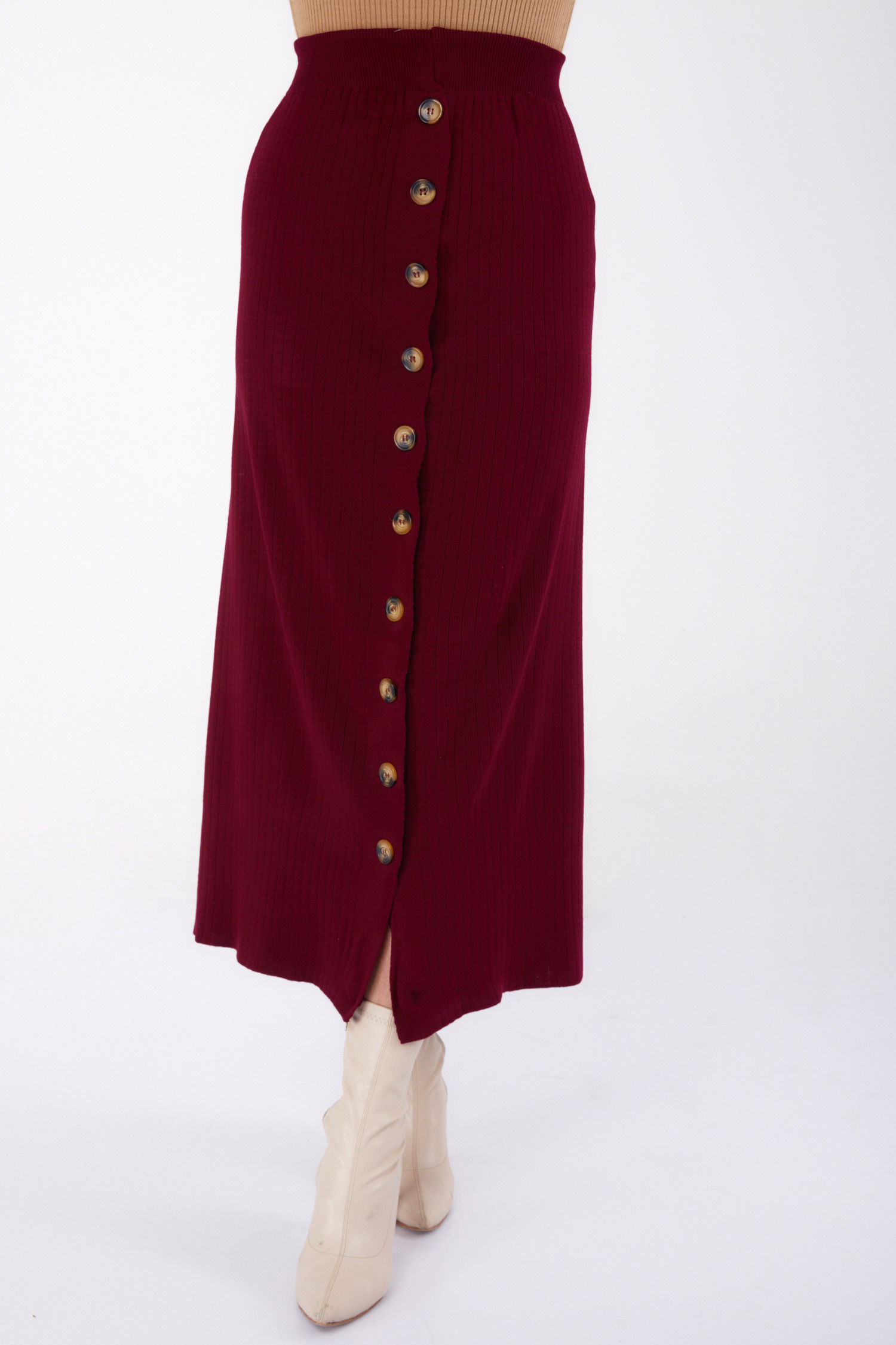 Düz Orta Kadın Bordo Düğmeli Triko Etek - 24722 - 3
