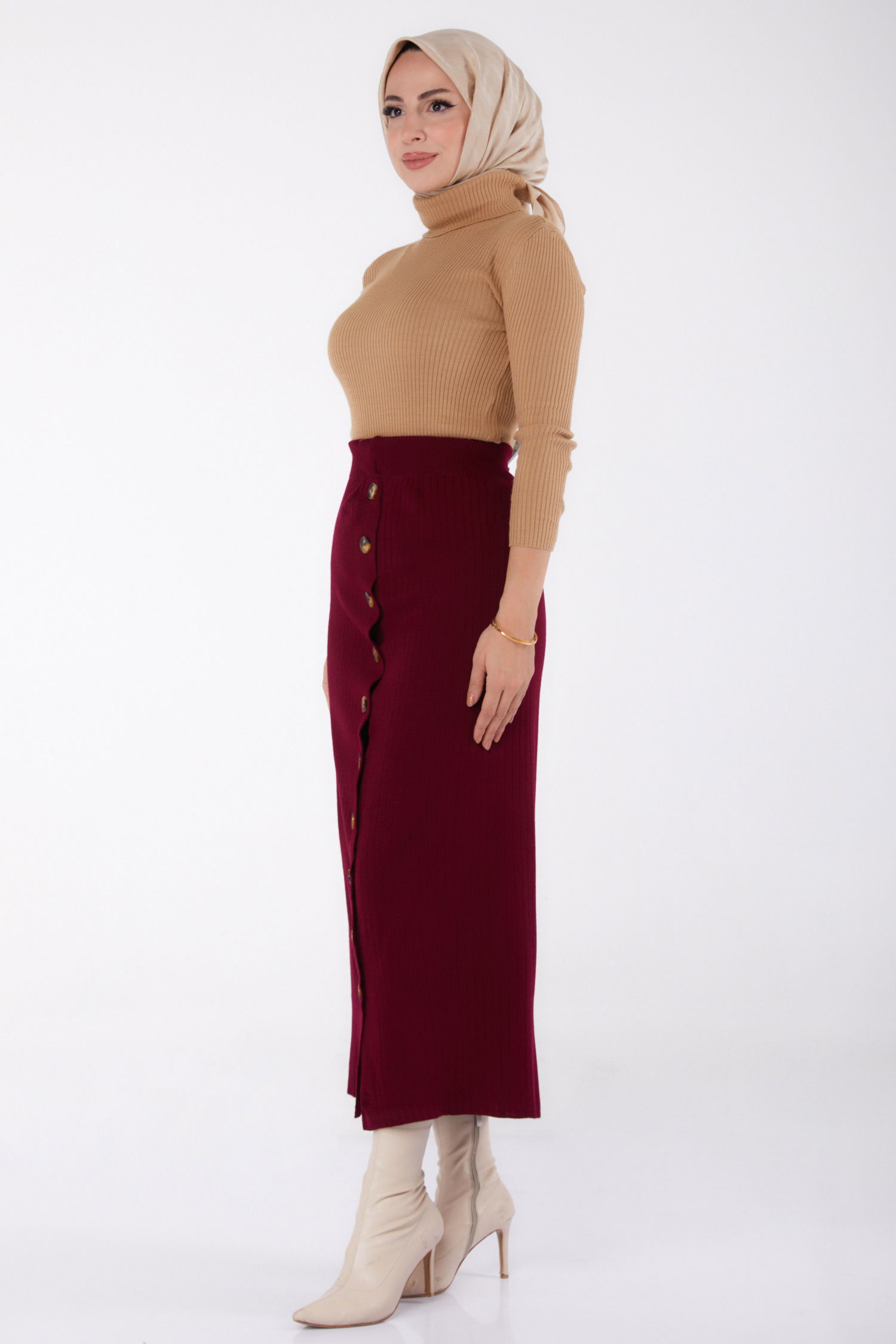 Düz Orta Kadın Bordo Düğmeli Triko Etek - 24722 - 4