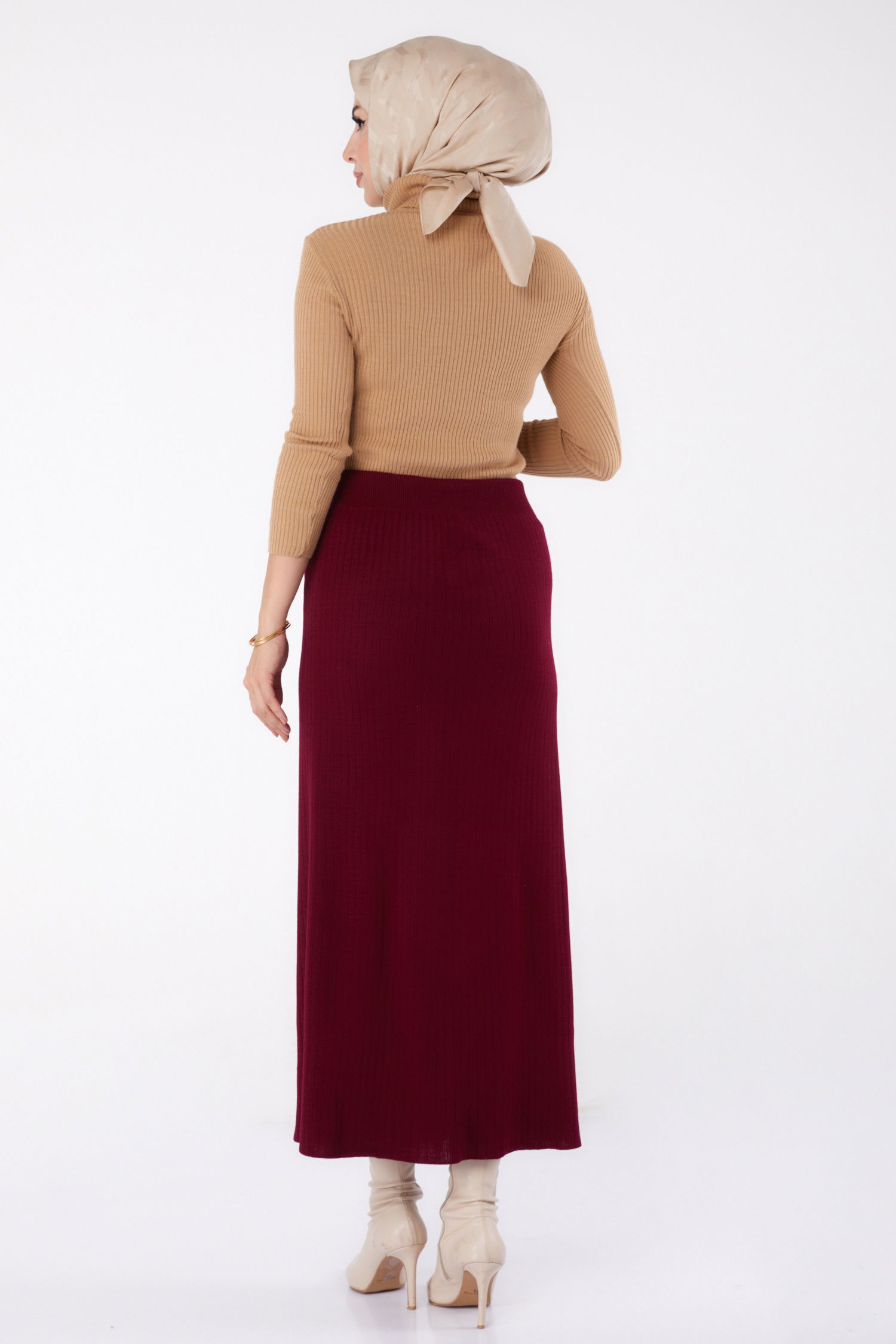 Düz Orta Kadın Bordo Düğmeli Triko Etek - 24722 - 5