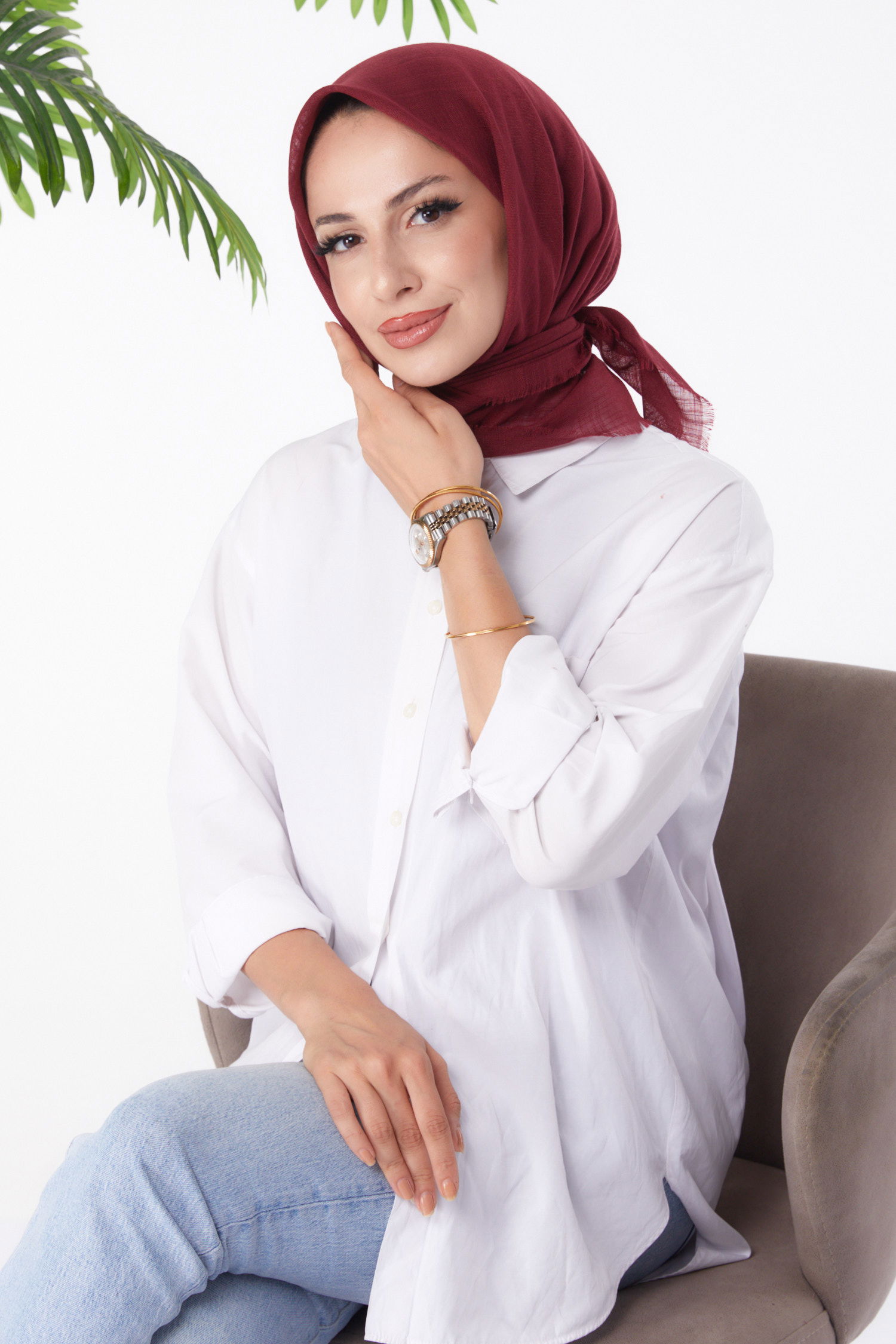 Düz Orta Kadın Bordo Eşarp - 26146 - 1