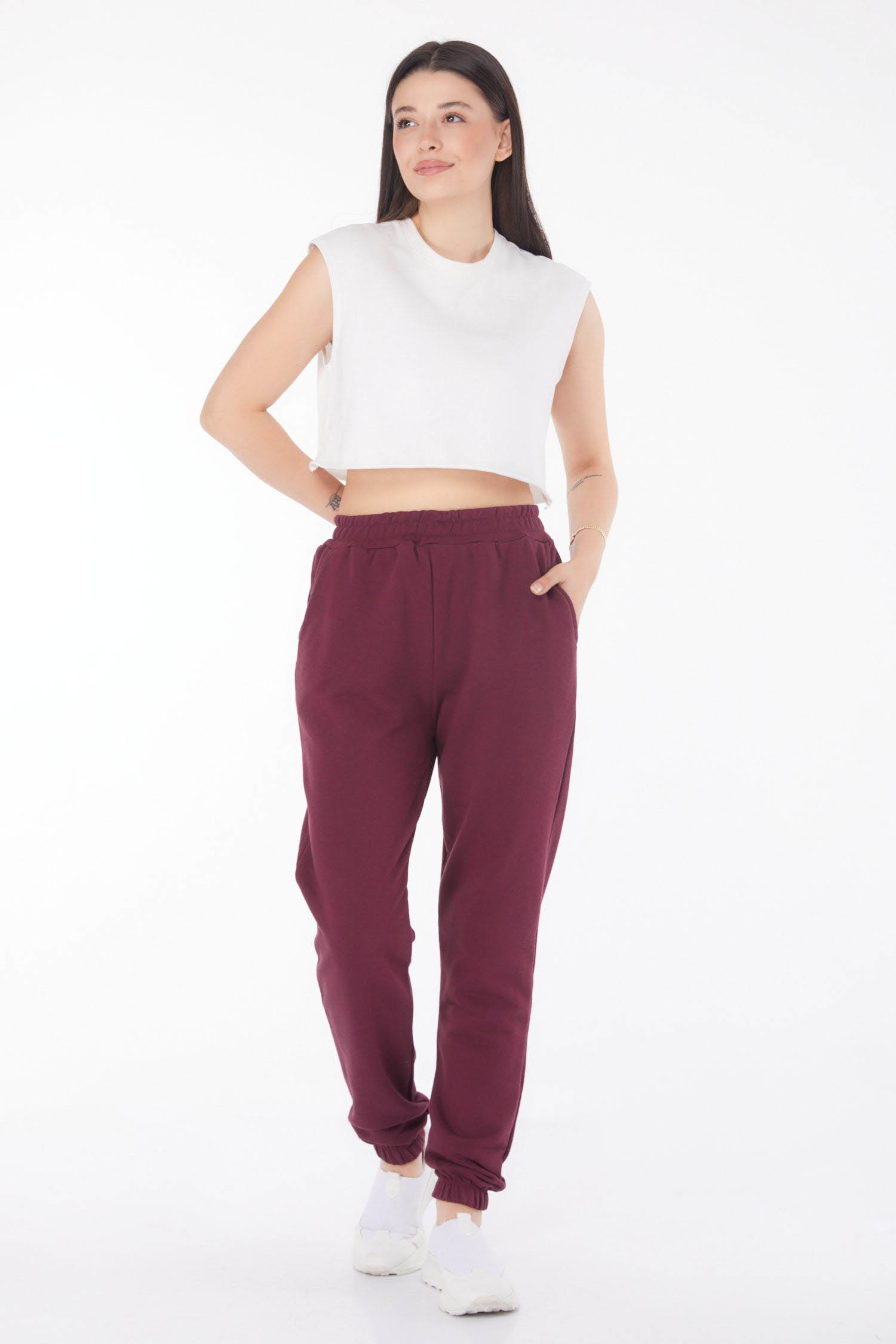 Düz Orta Kadın Bordo Eşofman Altı - 25705 - 3