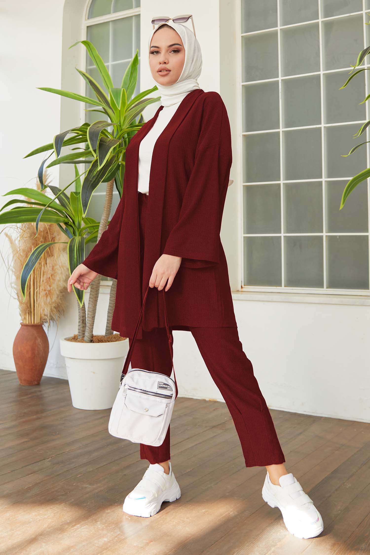 Düz Orta Kadın Bordo Hırka Pantolon - 11432 - 1