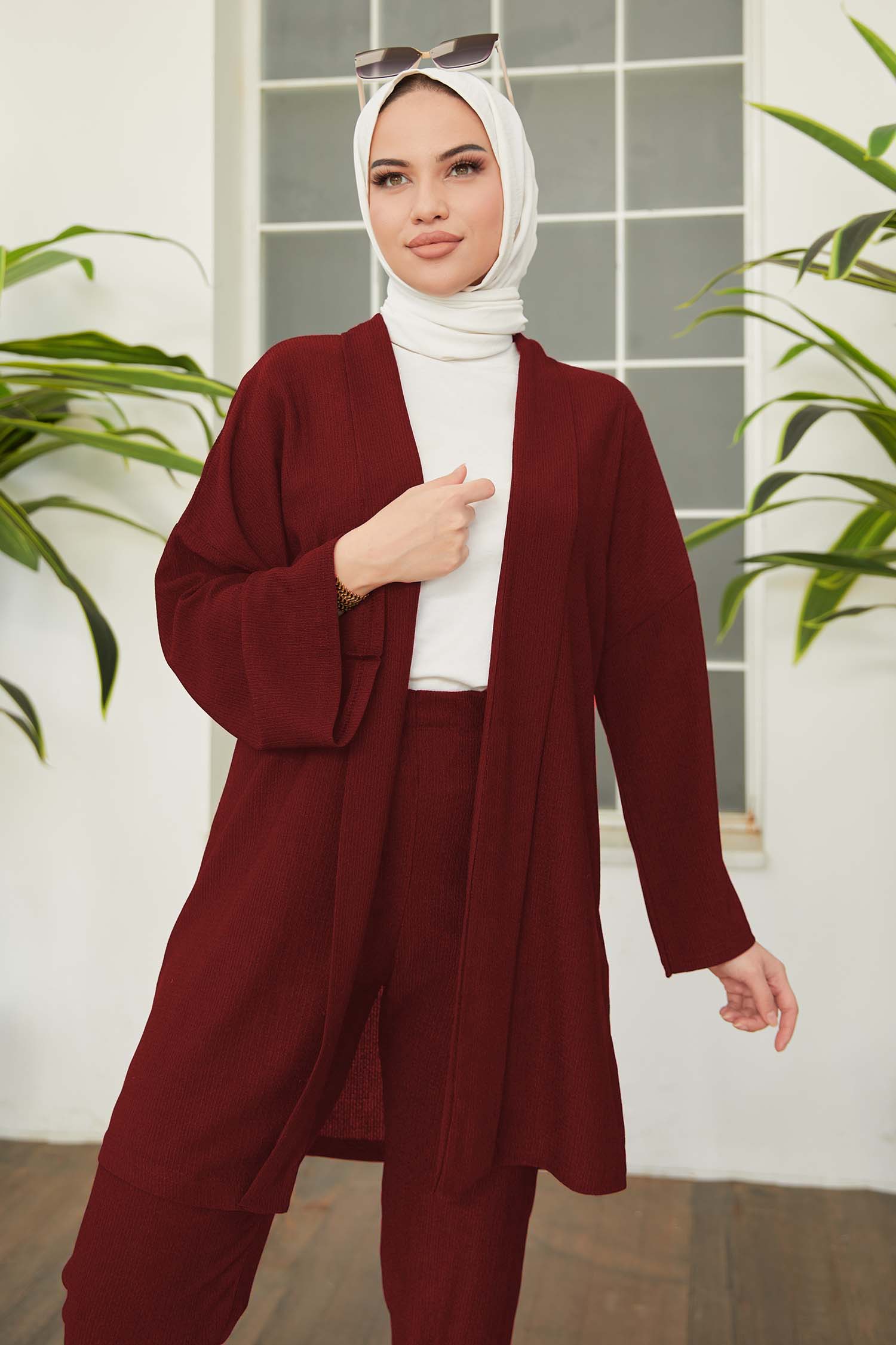 Düz Orta Kadın Bordo Hırka Pantolon - 11432 - 3