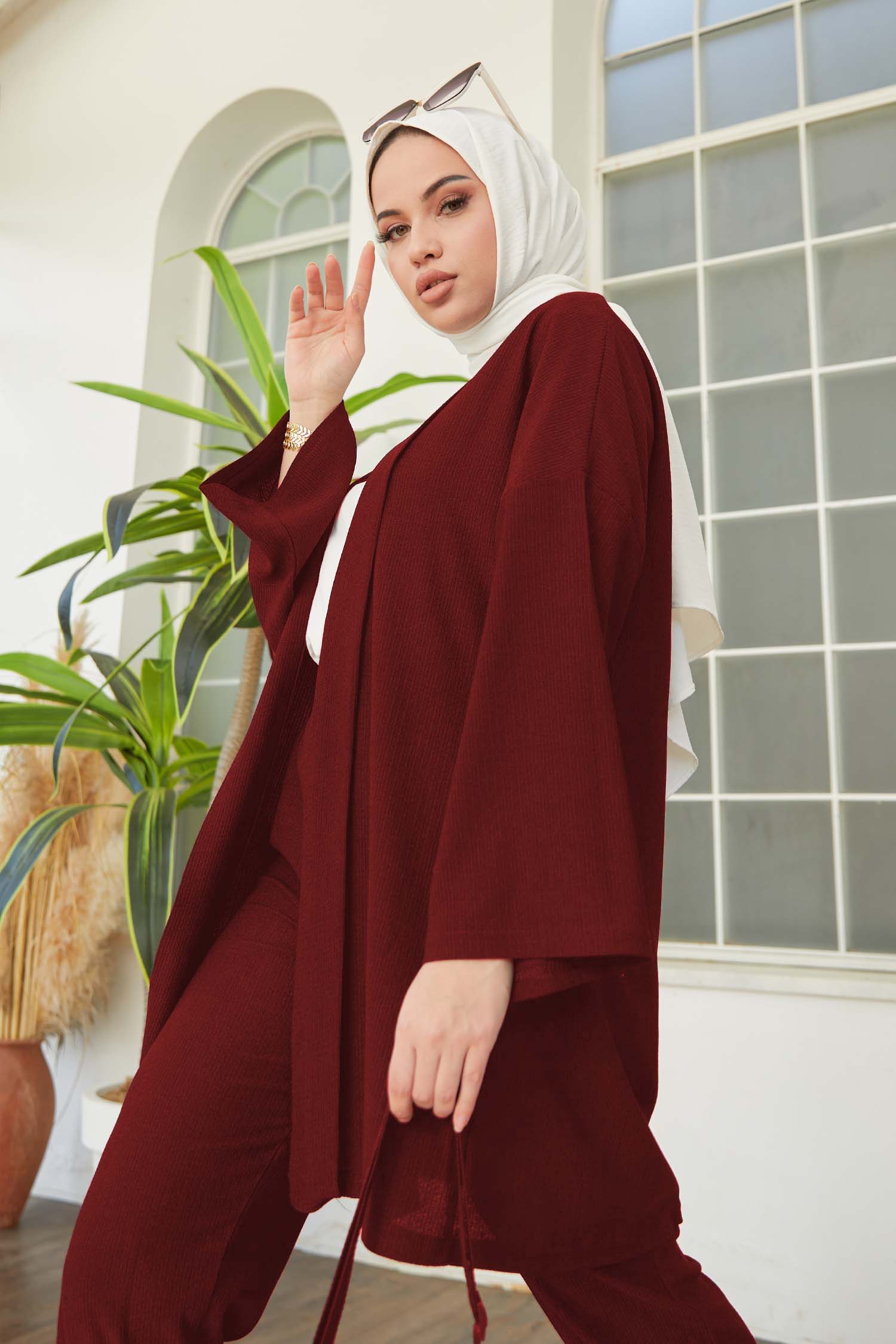 Düz Orta Kadın Bordo Hırka Pantolon - 11432 - 4
