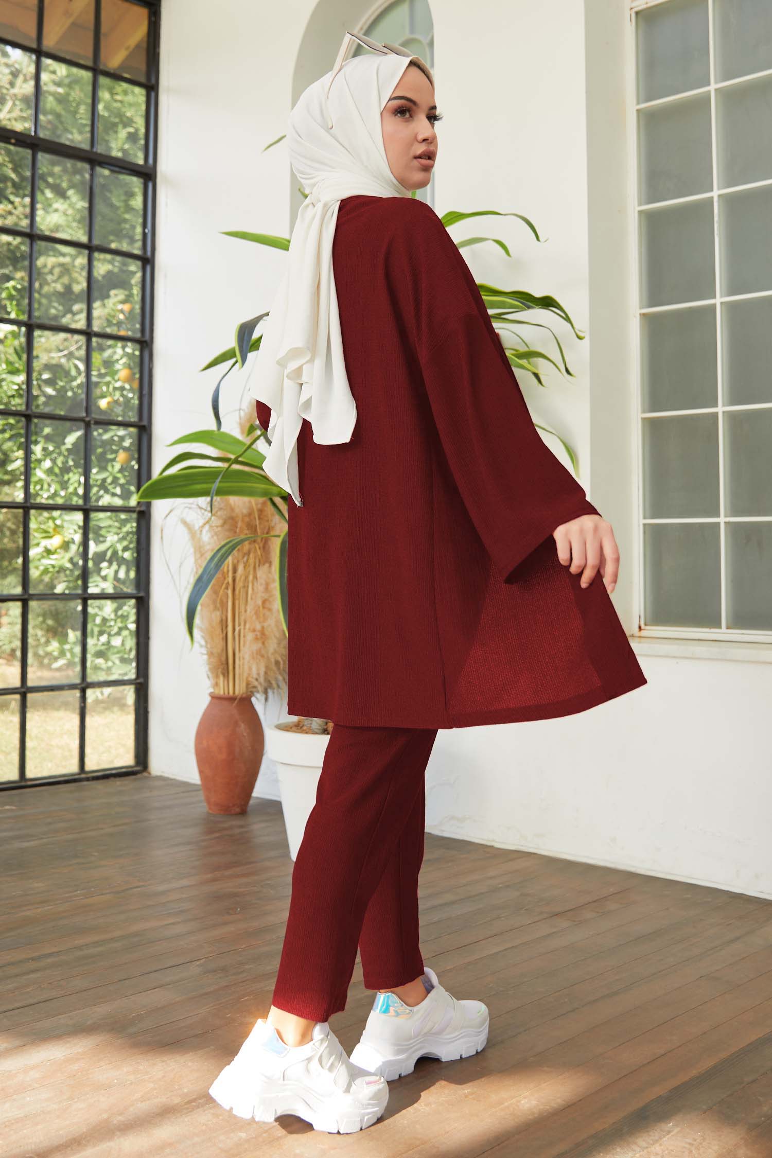 Düz Orta Kadın Bordo Hırka Pantolon - 11432 - 5