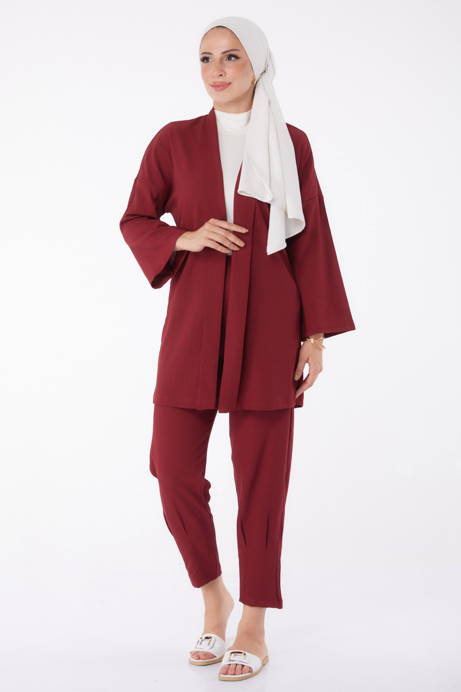 Düz Orta Kadın Bordo Hırka Pantolon - 11432 - 6