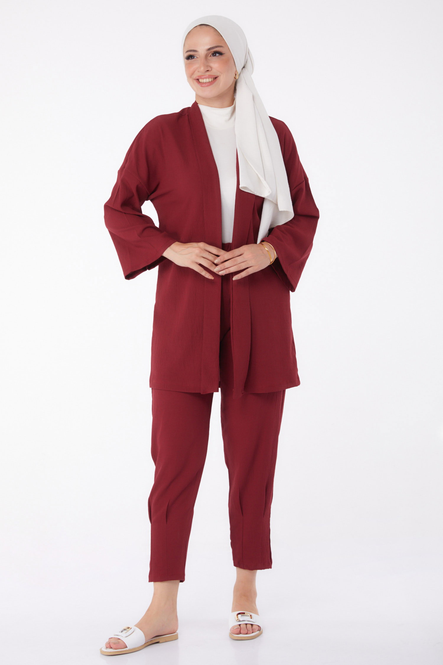 Düz Orta Kadın Bordo Hırka Pantolon - 11432 - 7