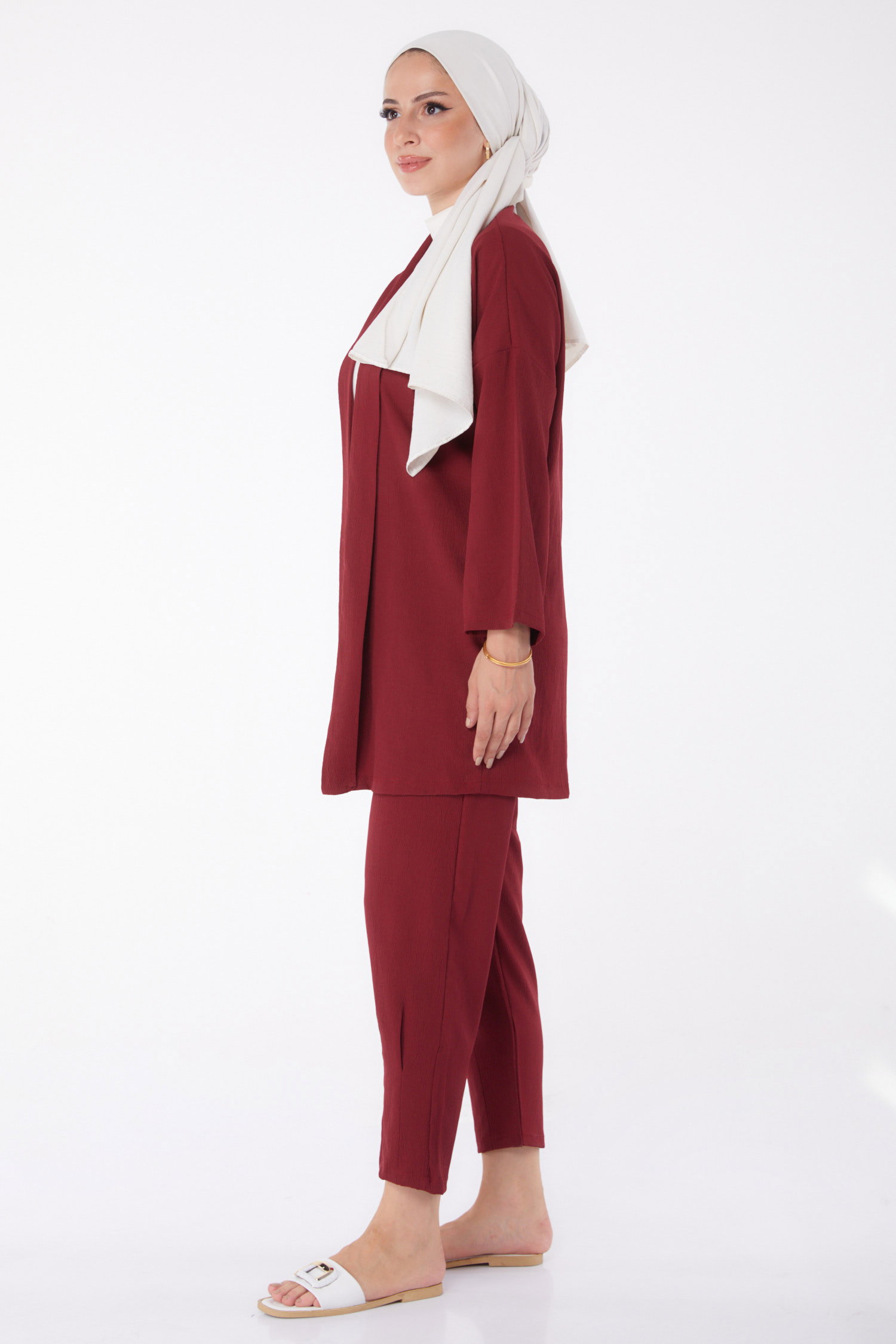 Düz Orta Kadın Bordo Hırka Pantolon - 11432 - 9