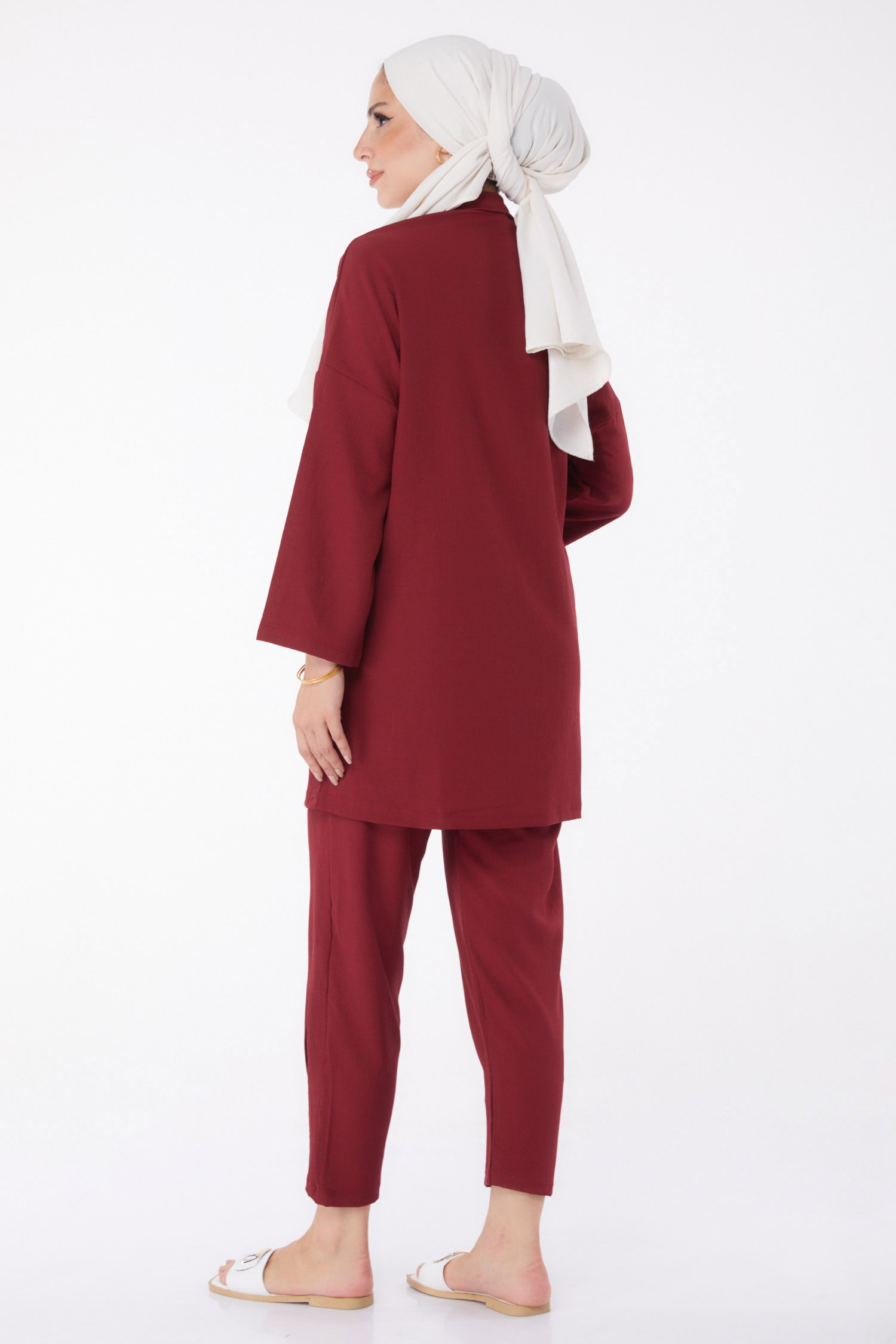 Düz Orta Kadın Bordo Hırka Pantolon - 11432 - 10