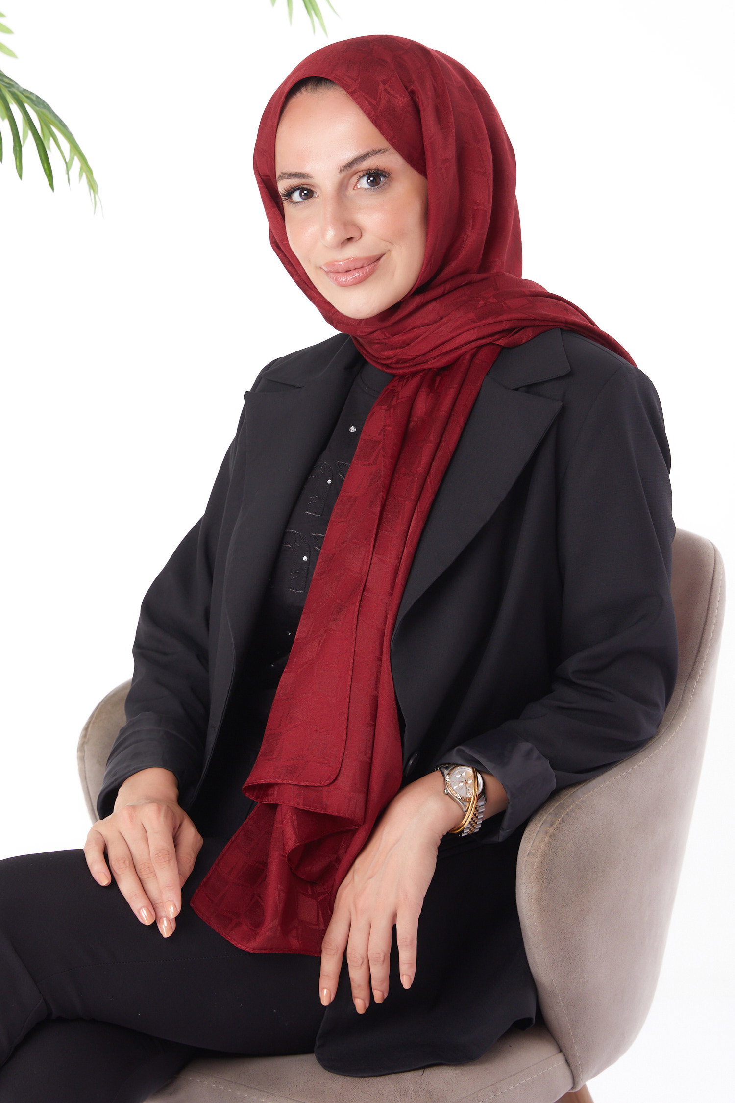 Düz Orta Kadın Bordo Janjan Desenli Şal - 26061 - 1