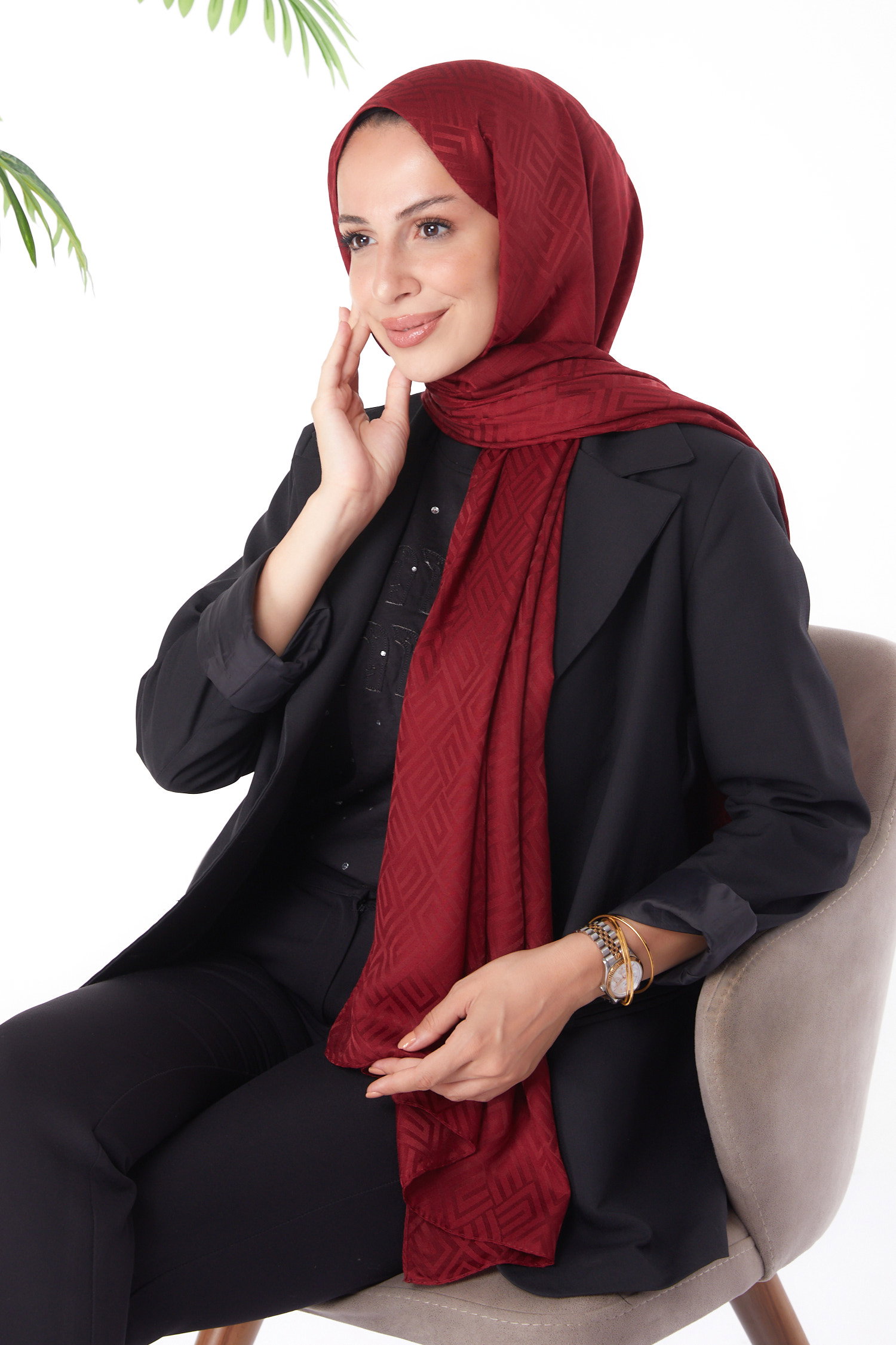 Düz Orta Kadın Bordo Janjan Desenli Şal - 26063 - 1