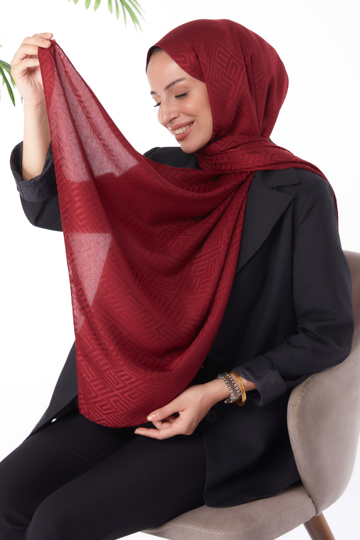 Düz Orta Kadın Bordo Janjan Desenli Şal - 26063 - 2