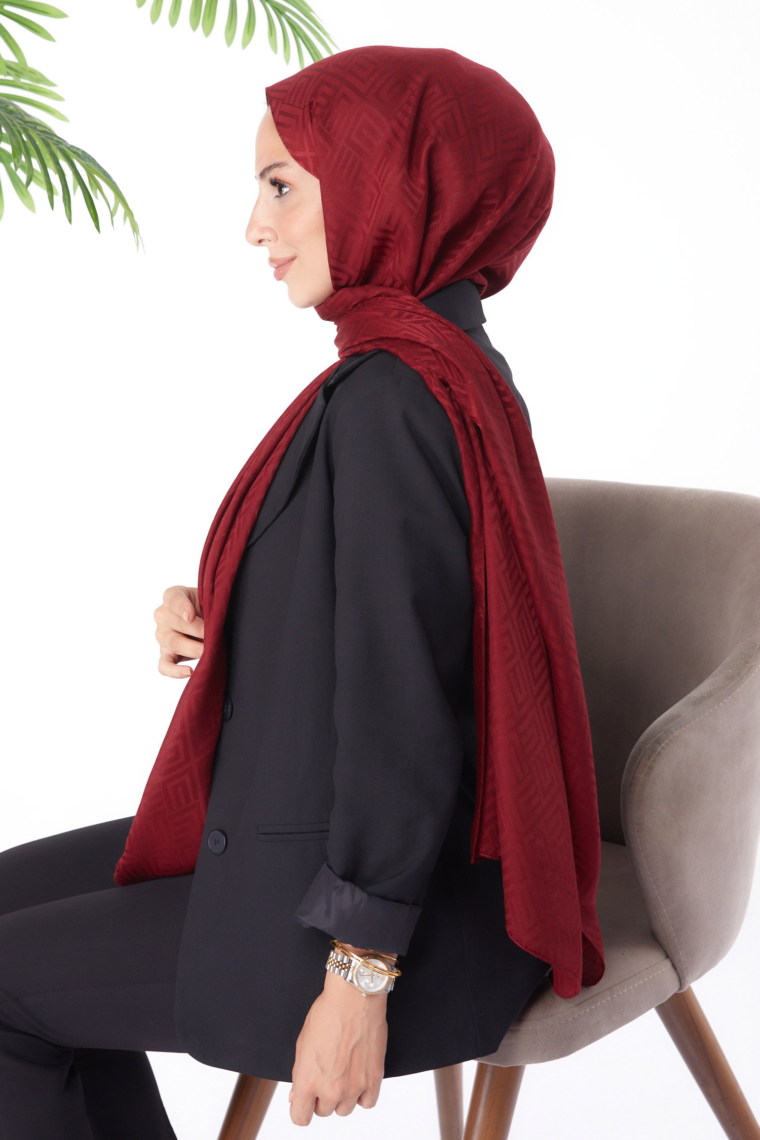 Düz Orta Kadın Bordo Janjan Desenli Şal - 26063 - 3