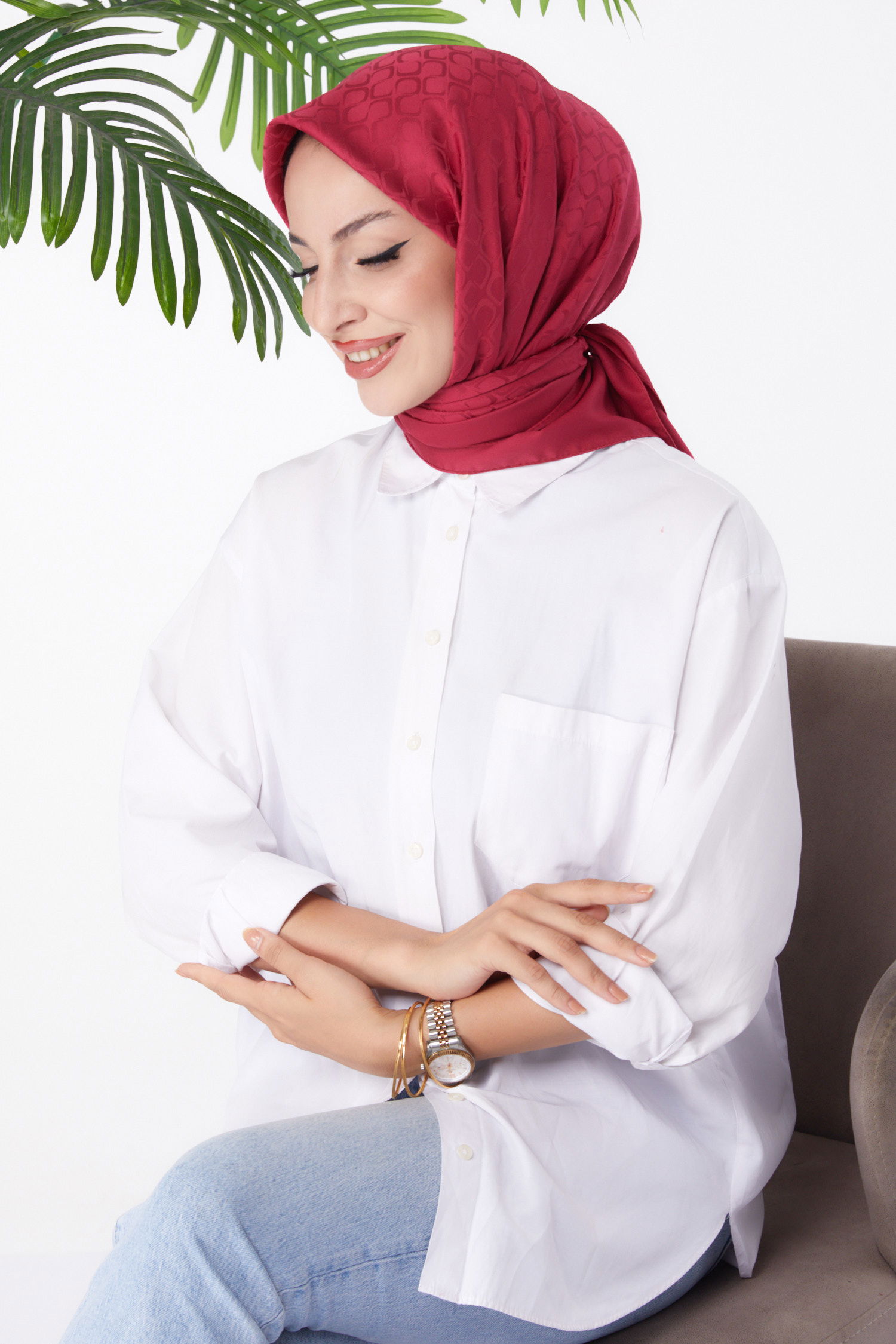 Düz Orta Kadın Bordo Janjanlı Eşarp - 26150 - 2