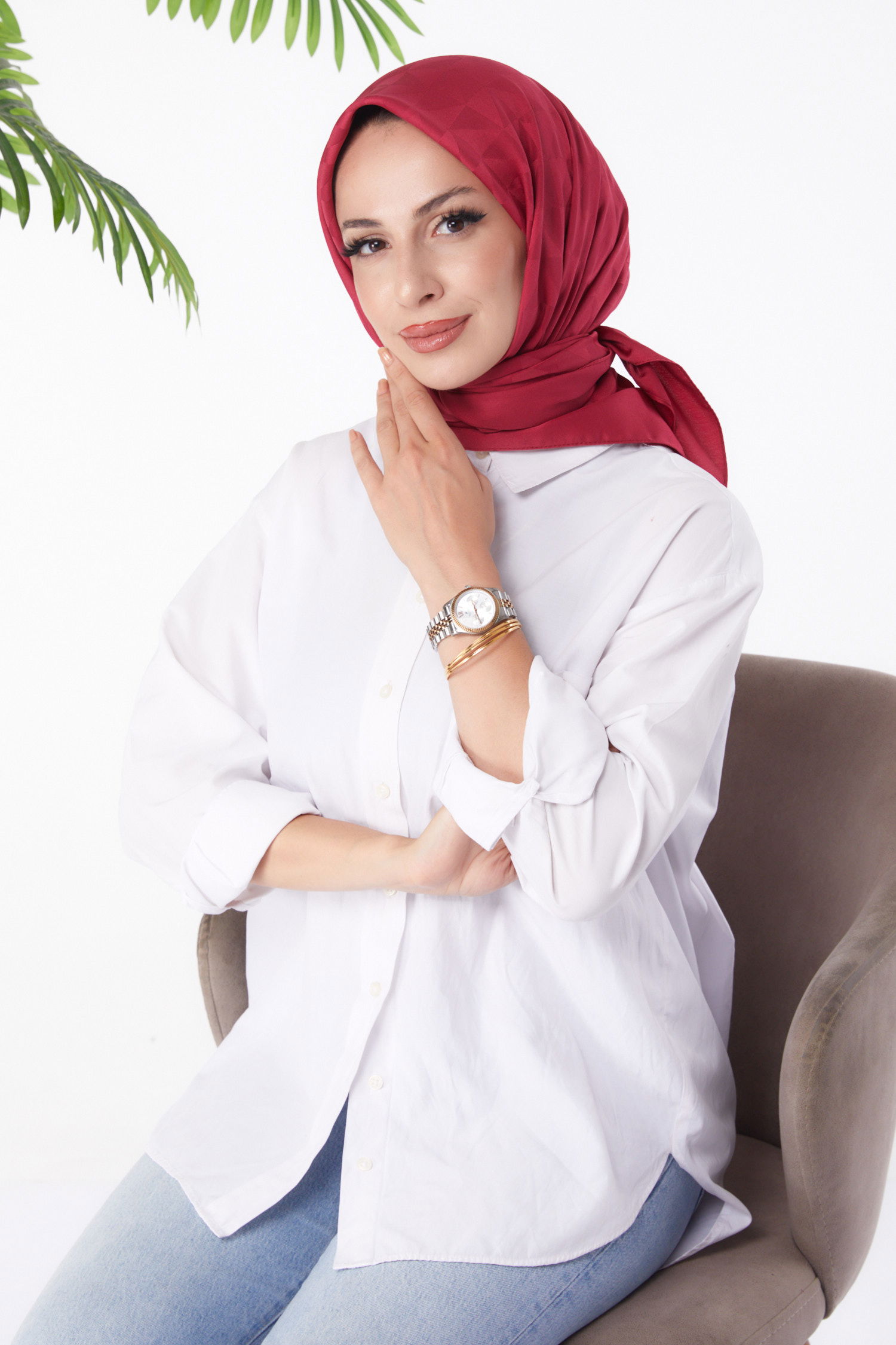 Düz Orta Kadın Bordo Janjanlı Eşarp - 26156 - 2