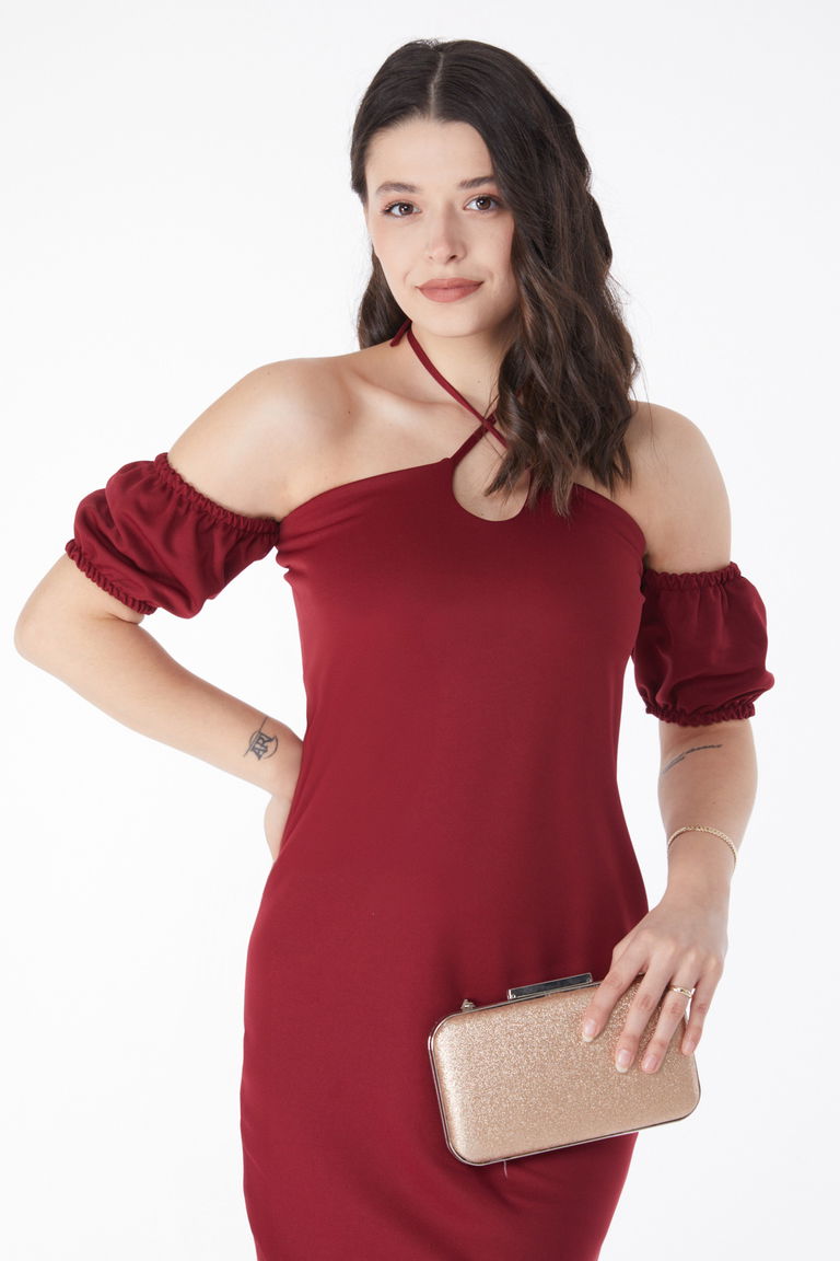 Prenses Kol Abiye Elbise Bordo - 13189 - TOFİSA