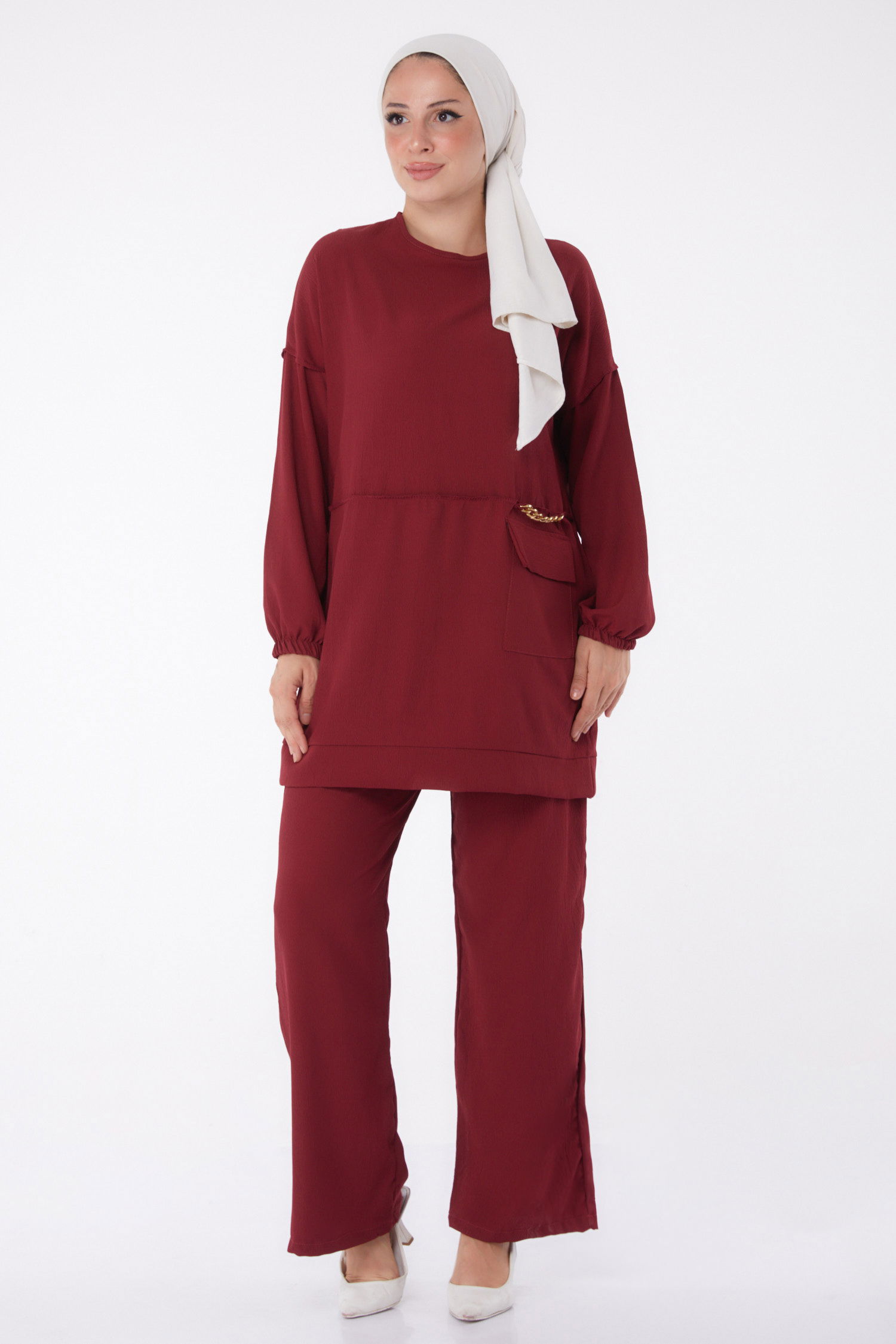 Düz Orta Kadın Bordo Tunik Pantolon - 10542 - 1