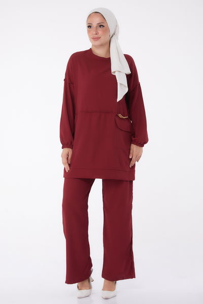 Düz Orta Kadın Bordo Tunik Pantolon - 10542 