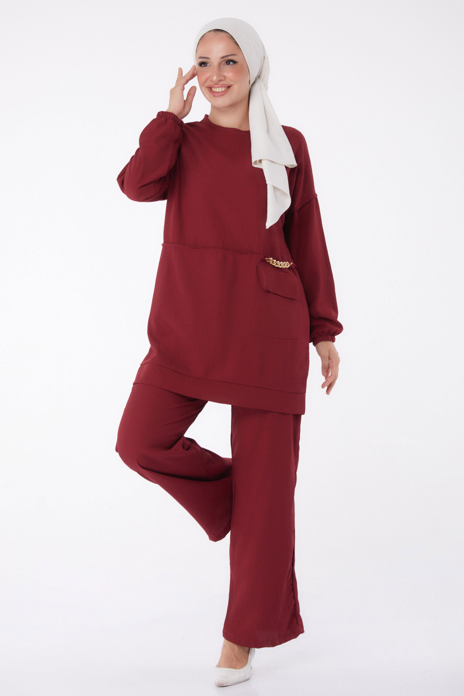 Düz Orta Kadın Bordo Tunik Pantolon - 10542 - 2