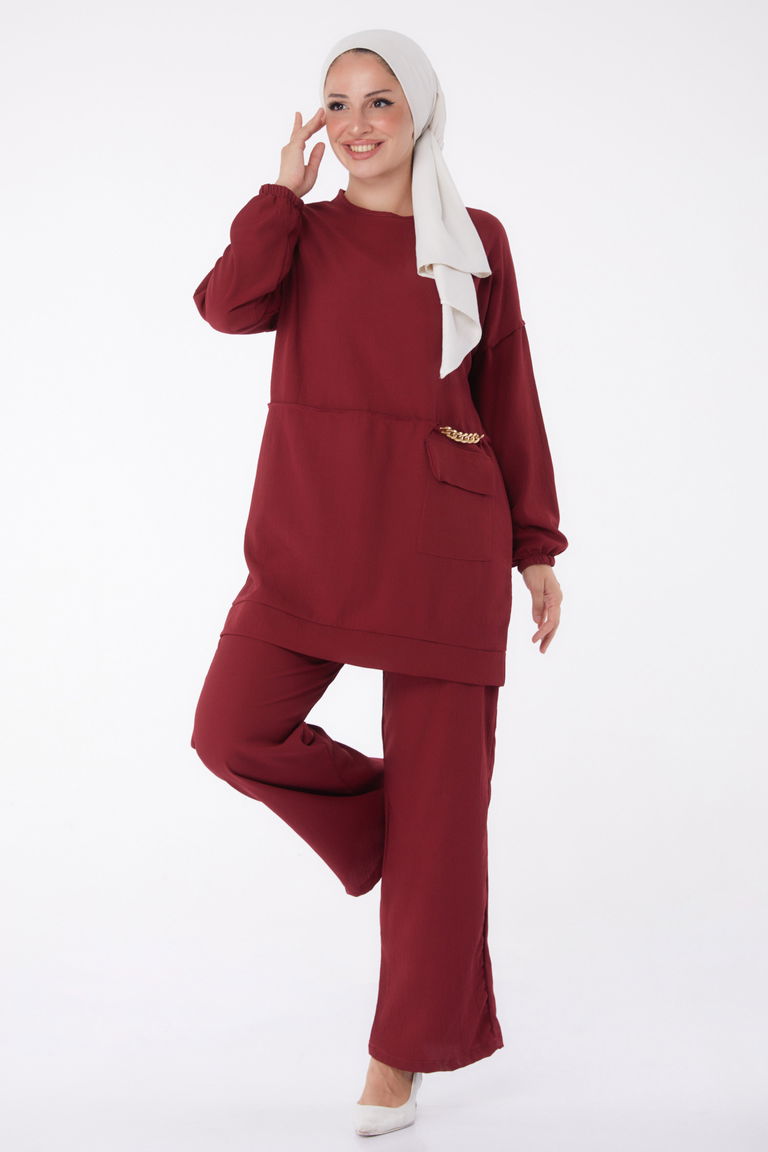 Düz Orta Kadın Bordo Tunik Pantolon - 10542 - TOFİSA
