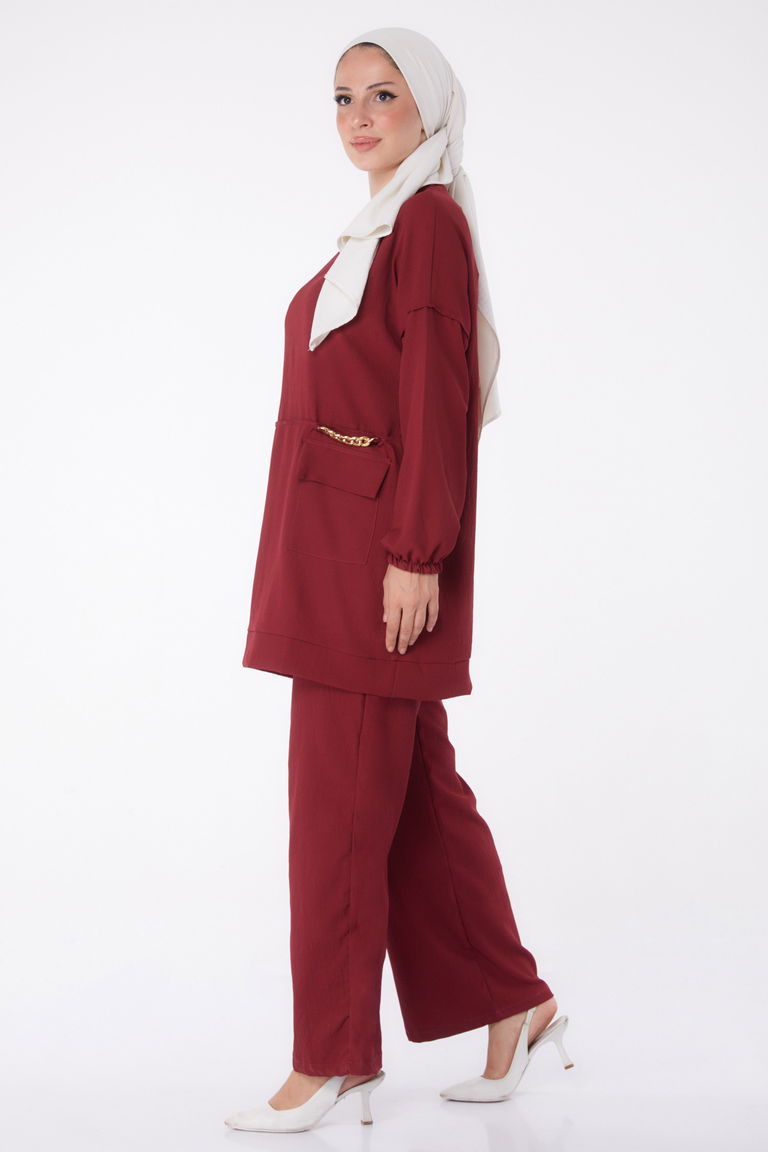 Düz Orta Kadın Bordo Tunik Pantolon - 10542 - TOFİSA