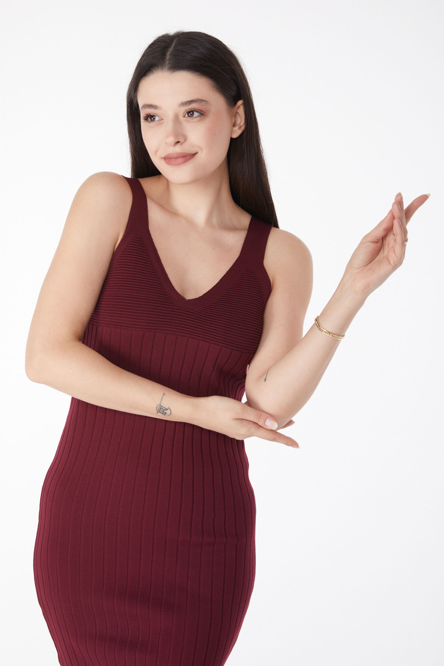 Düz Orta Kadın Bordo Yazlık Triko Elbise - 25215 - 2