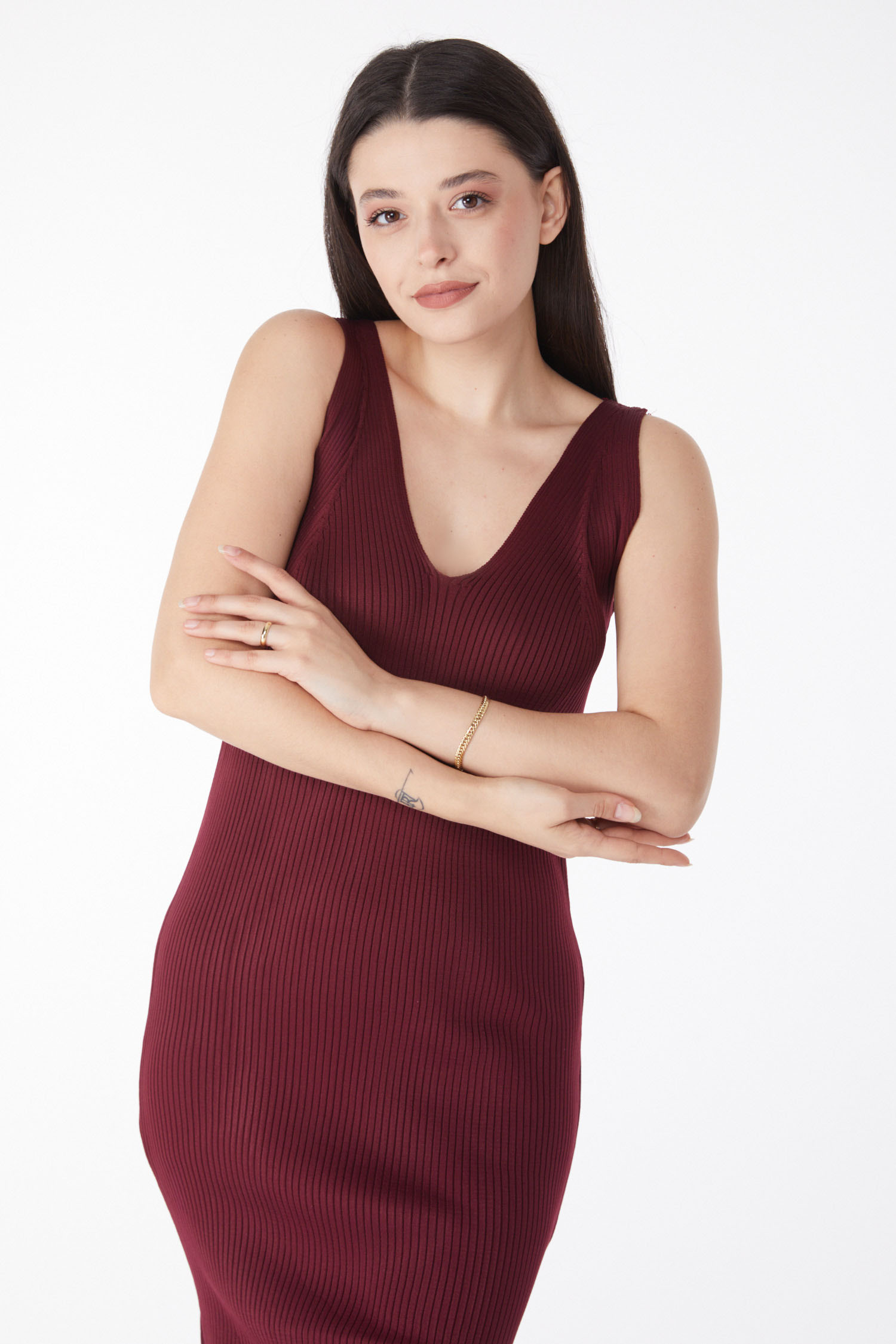 Düz Orta Kadın Bordo Yazlık Triko Elbise - 25218 - 2