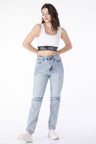 Düz Orta Kadın Buz Mavi Dizi Yırtık Mom Jeans Kot Pantolon - 50008 