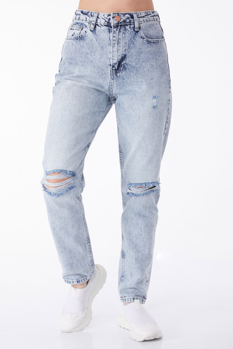 Düz Orta Kadın Buz Mavi Dizi Yırtık Mom Jeans Kot Pantolon - 50008 - TOFİSA