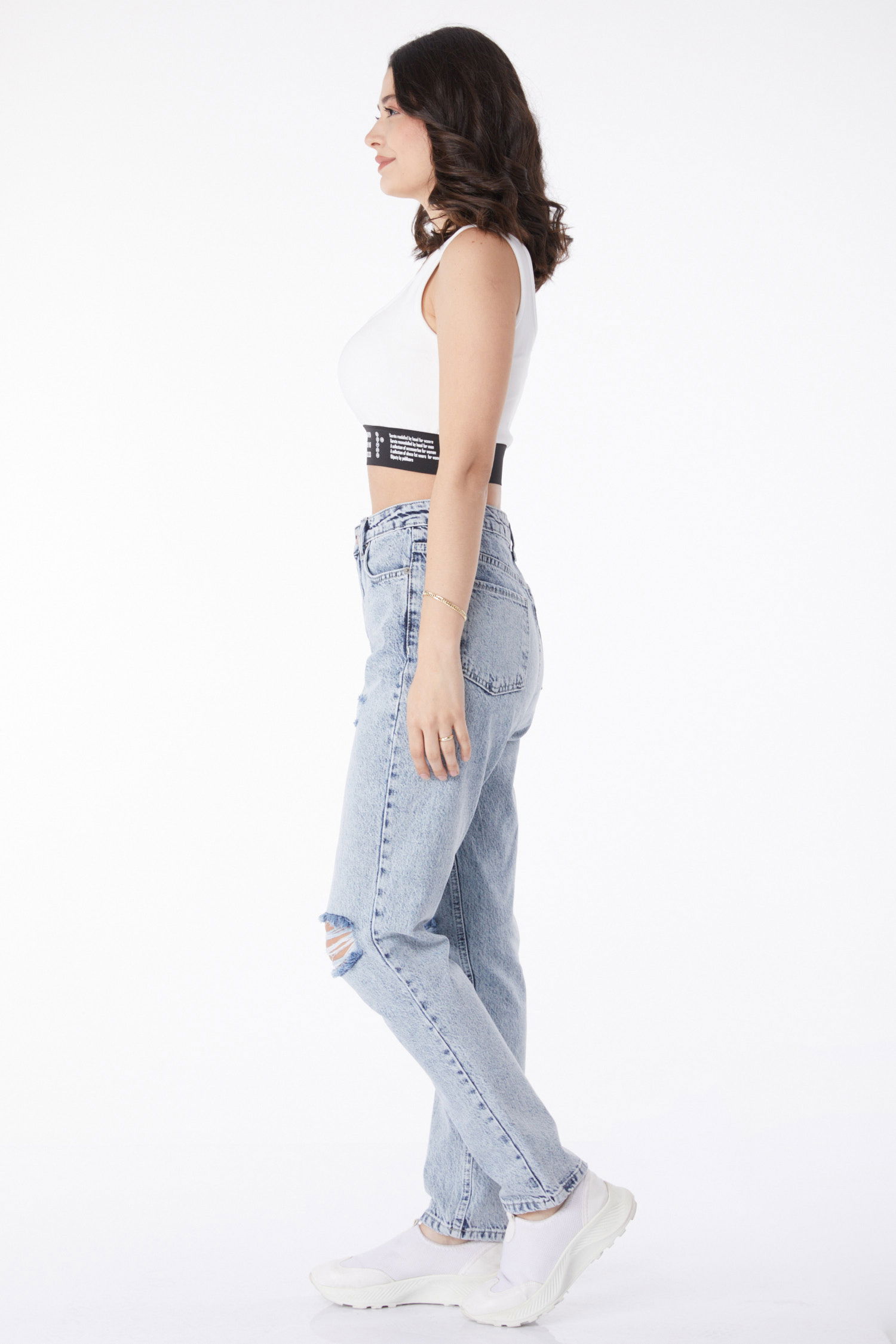 Düz Orta Kadın Buz Mavi Dizi Yırtık Mom Jeans Kot Pantolon - 50008 - 4