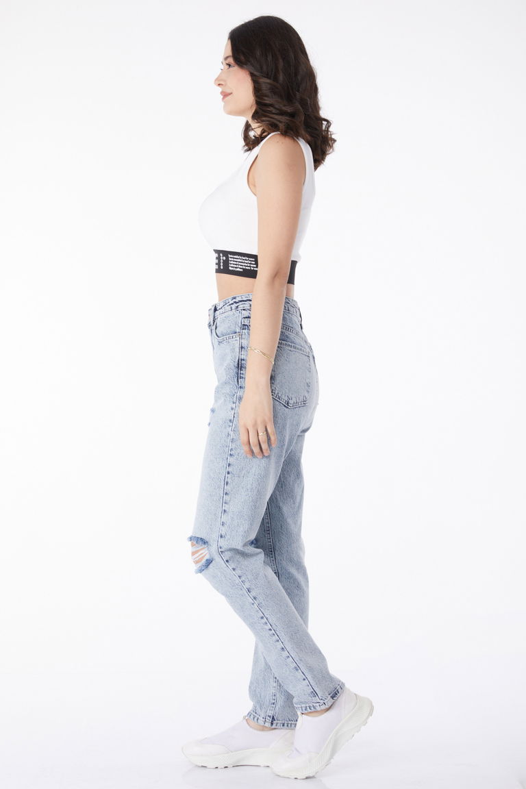 Düz Orta Kadın Buz Mavi Dizi Yırtık Mom Jeans Kot Pantolon - 50008 - TOFİSA